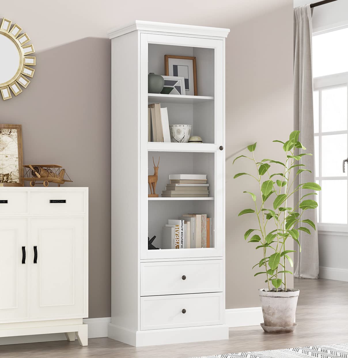 White Wooden Bookcase with Acrylic Glass Door & 2 Drawers - Home Office Storage & Display