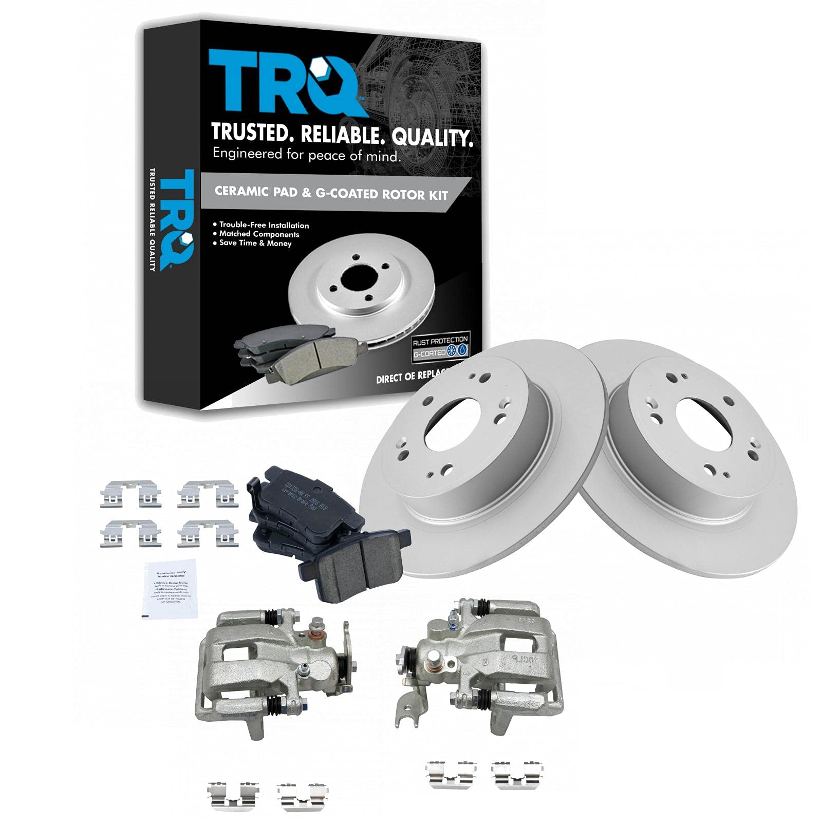 TRQ Premium Ceramic G-Coated Rear Brake Pad & Rotor Kit with Caliper - Compatible with 2009-2014 Acura TSX & 2008-2012 Honda Accord - Perfect for Smooth Stopping & Enhanced Safety in City Driving & Highway Conditions