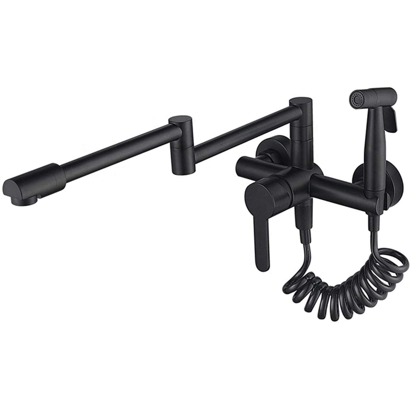Black Wall-Mounted Kitchen Faucet with Pull-Down Sprayer - Hot & Cold Water Mixer Tap - Brass Foldable Pot Filler for Easy Cooking & Dishwashing - Perfect for Modern Kitchens & Small Spaces