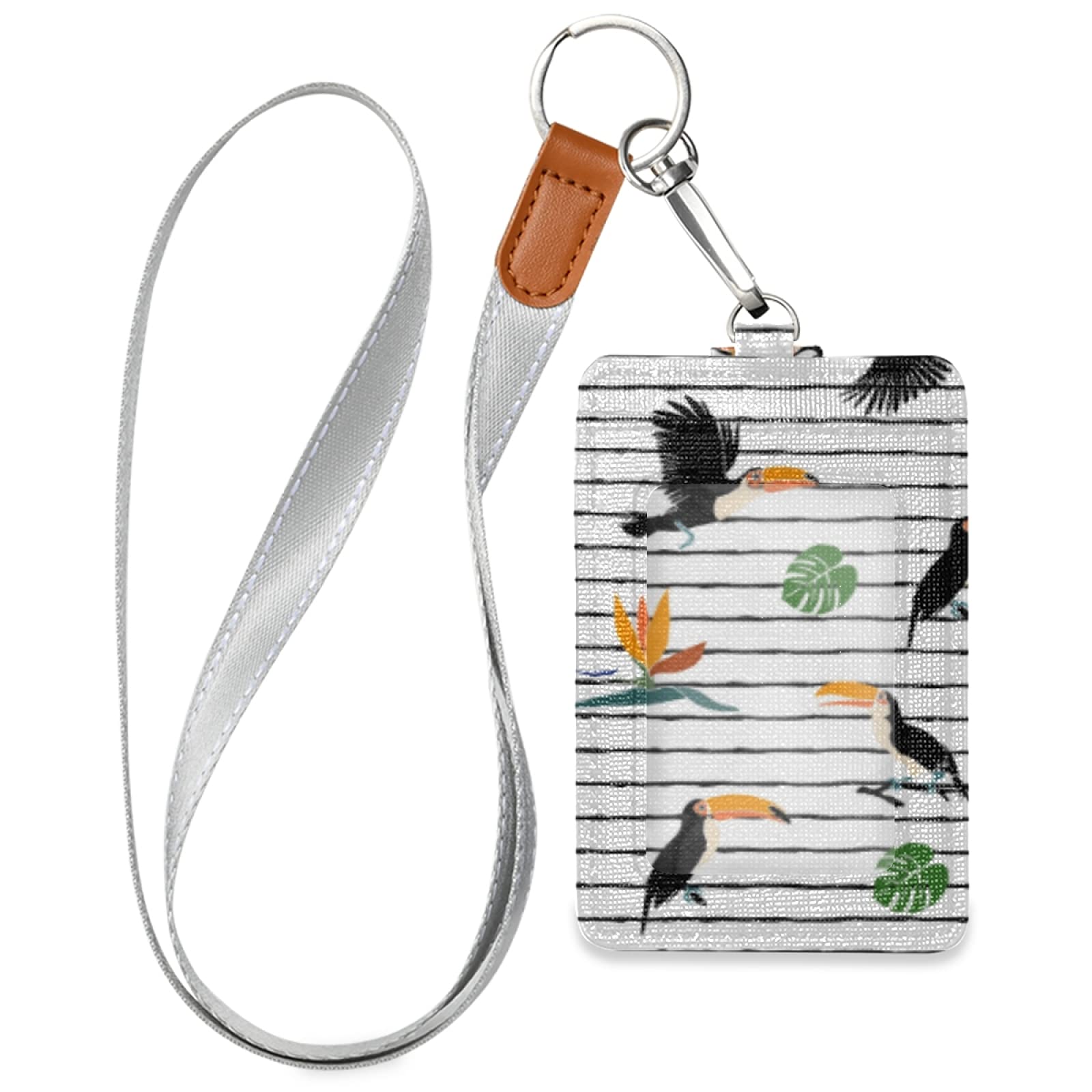 Toucans ID Badge Holder with Lanyard - Vertical Leather for Office & School