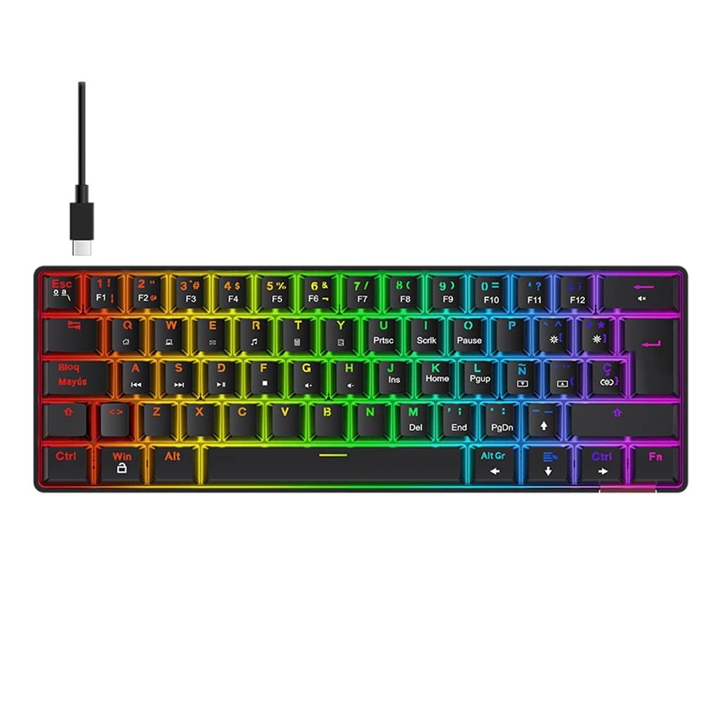 LEEC Mechanical Gaming Keyboard Wired - 62 Keys with Red Switches, Anti-Ghosting, Spanish Layout (Black) - Perfect for PC Gaming, Typing & Office Work