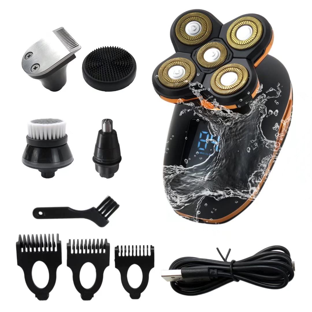 5-in-1 Rechargeable Cordless Electric Shaver & Grooming Kit - Bald Head Shaver, Nose Hair Trimmer, Wet/Dry Rotary Razor for Men | Perfect for Travel, Home & Gym Use