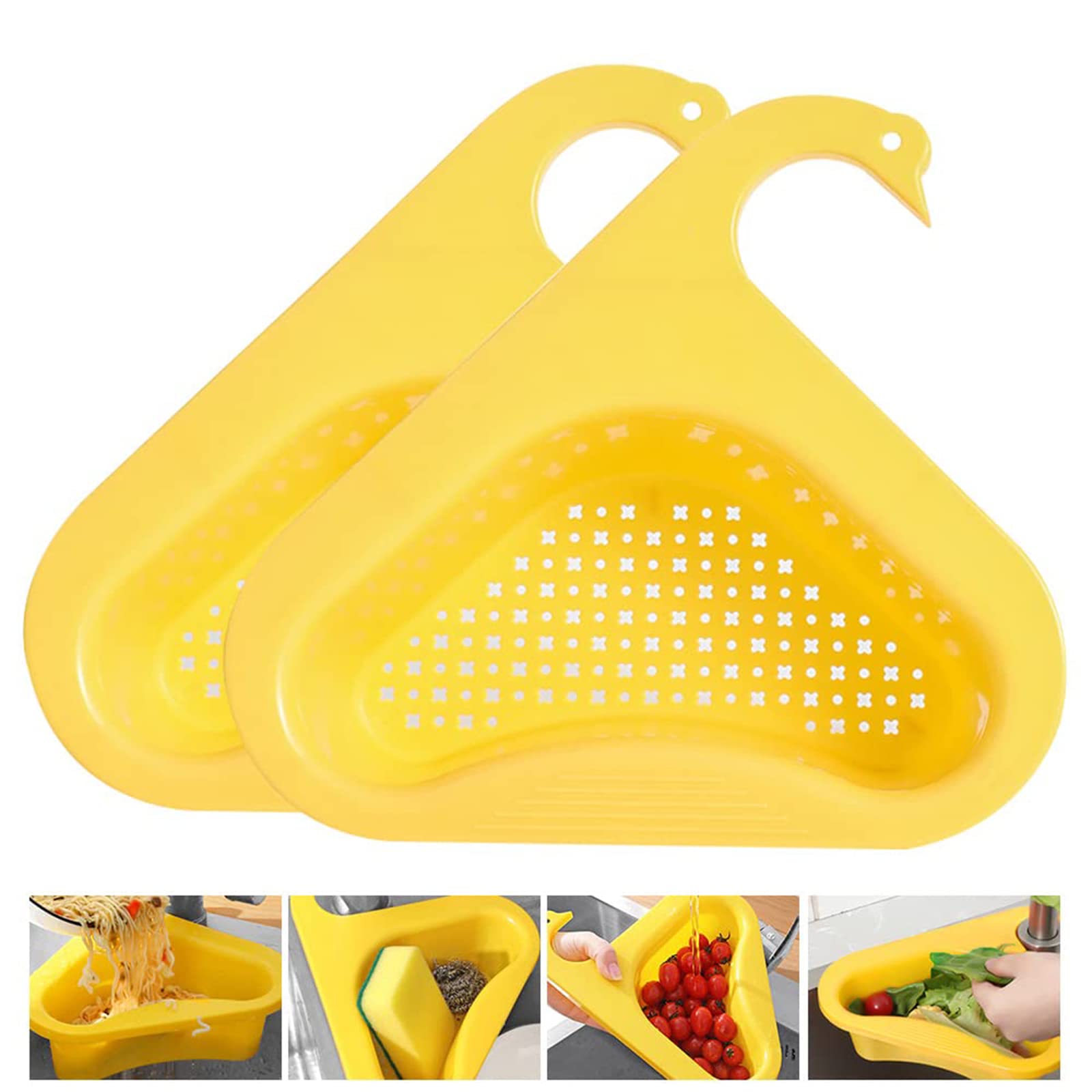 Swan Shape Kitchen Sink Drain Basket - 2 Pack Yellow Stainless Steel Corner Strainer for All Sinks | Triangular Drain Rack Organizer | Perfect for Washing Dishes, Fruits & Vegetables | Durable Household Sink Accessory