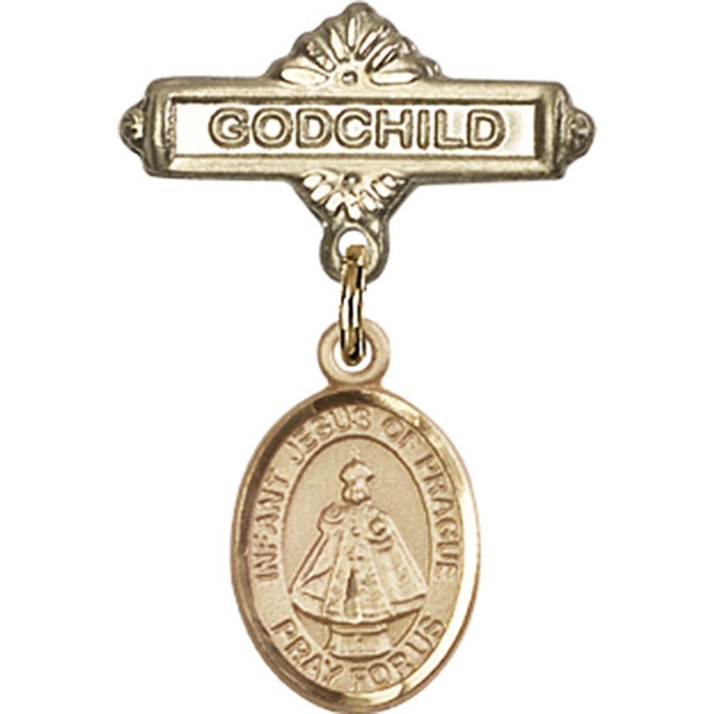 Gold Filled Baby Badge with Infant of Prague Charm - Godchild Gift Pin 1 X 5/8 Inches - Perfect for Baptism, Christening & First Communion Gifts