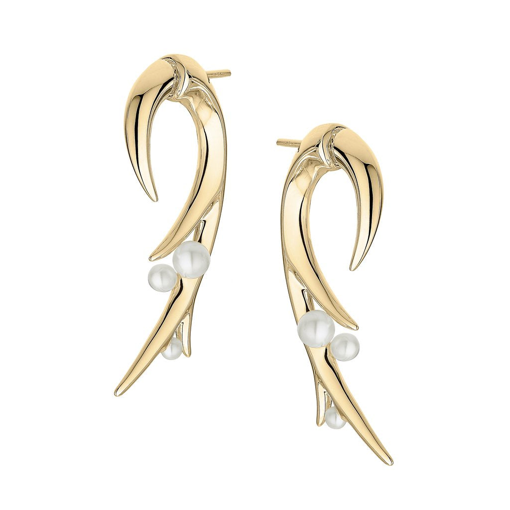14K Yellow Gold Vermeil Hooked Pearl Statement Earrings for Women - Elegant Dangle Earrings for Parties, Weddings & Special Occasions