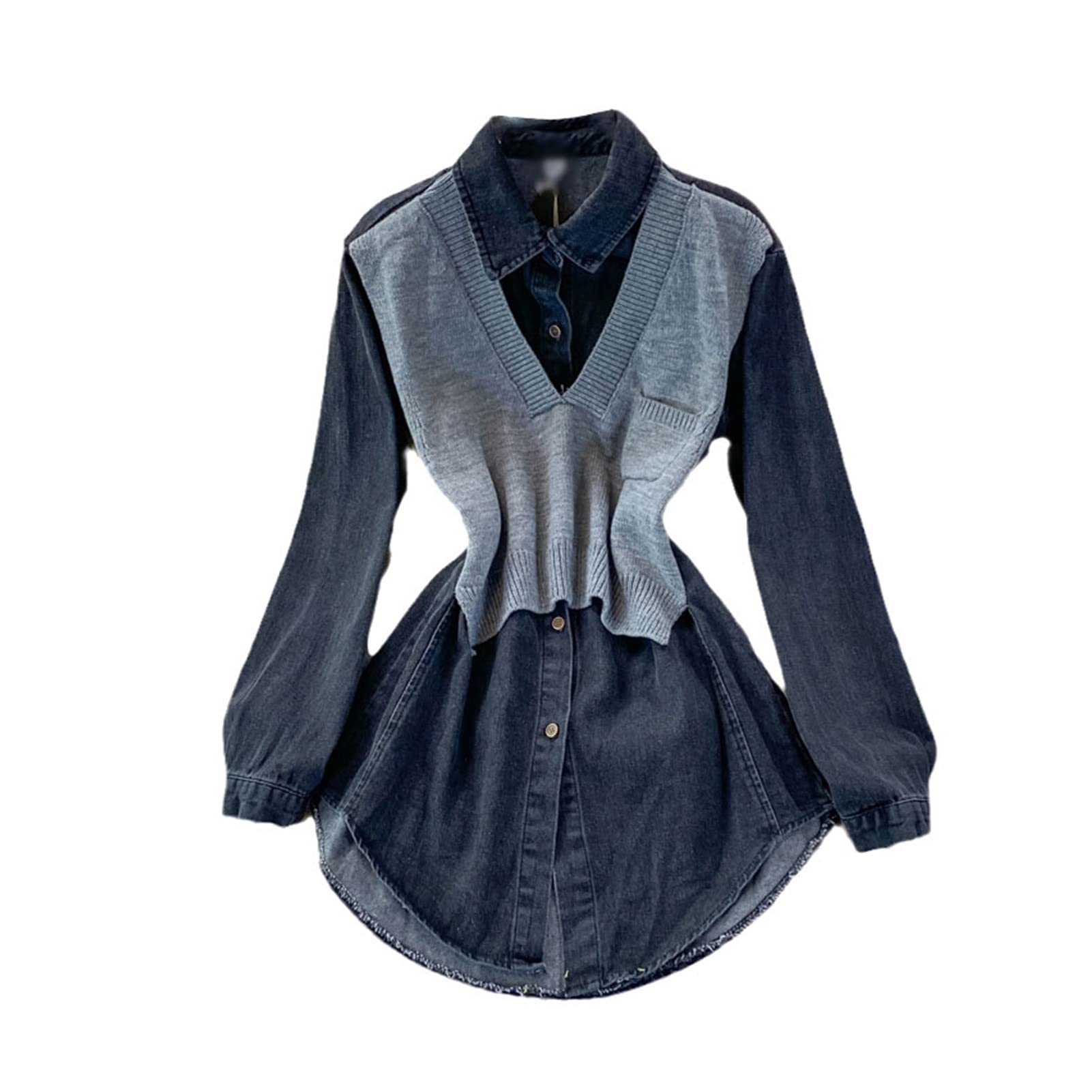 FSYSM Women's Knit Denim Shirt Dress - Long Sleeve Fake Two-Piece Fall Dress for Women | Casual Office Wear & Autumn Outfits (Color: A, Size: One Size)