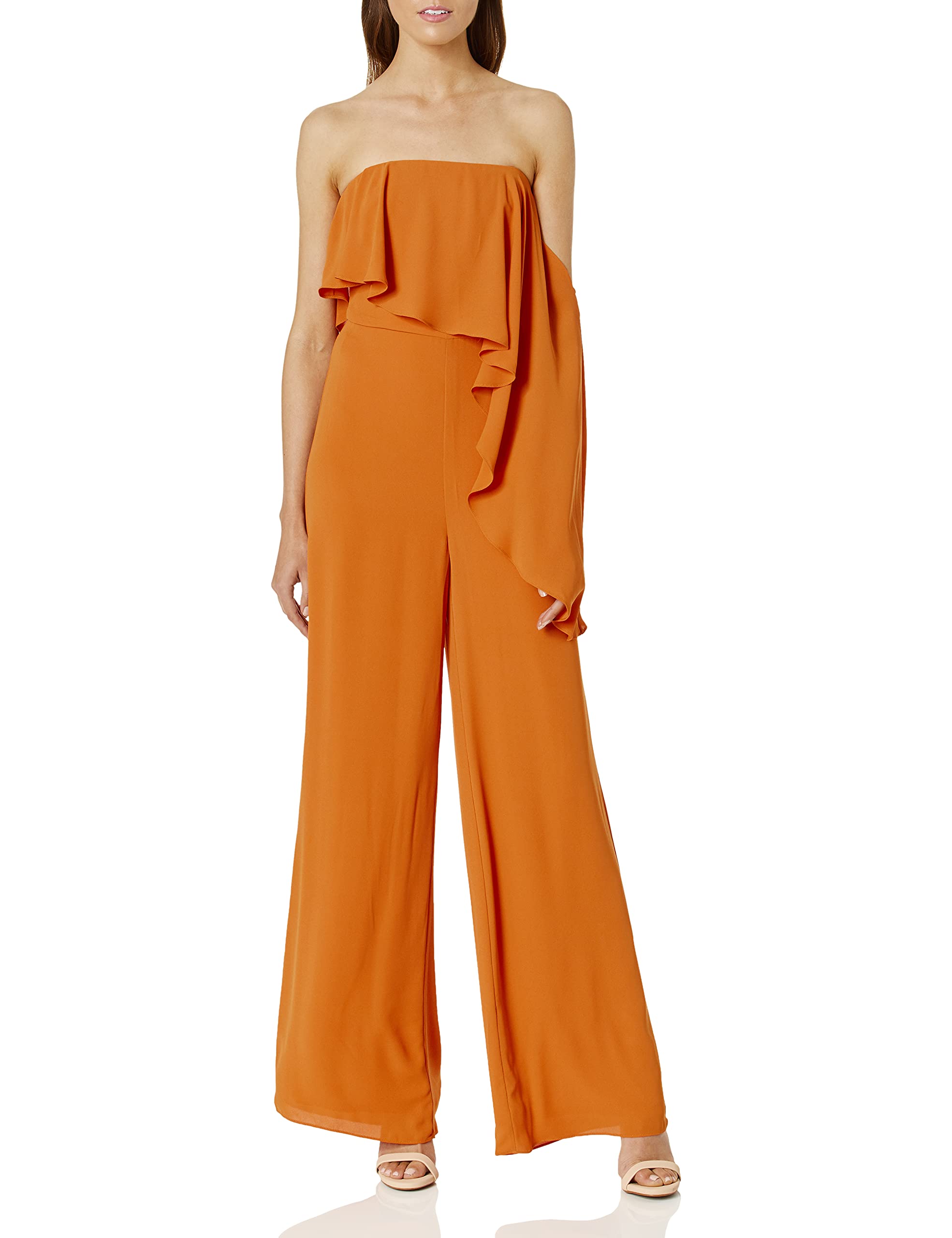 HALSTON Women's Strapless Wide Leg Jumpsuit with Flounce Overlay - Elegant One-Piece Romper for Weddings, Parties & Summer Outings