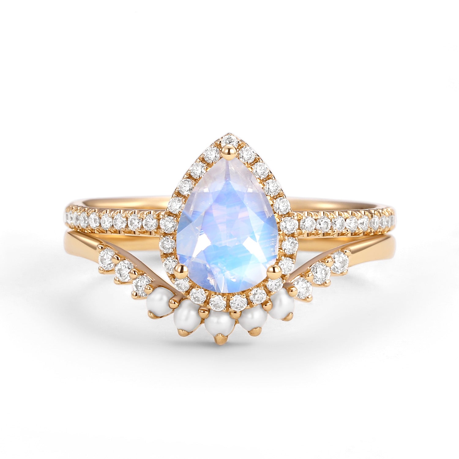 Pear Moonstone Pearl Perfect Classic Halo Ring Set 2pcs - Elegant Jewelry for Weddings, Anniversaries & Special Occasions