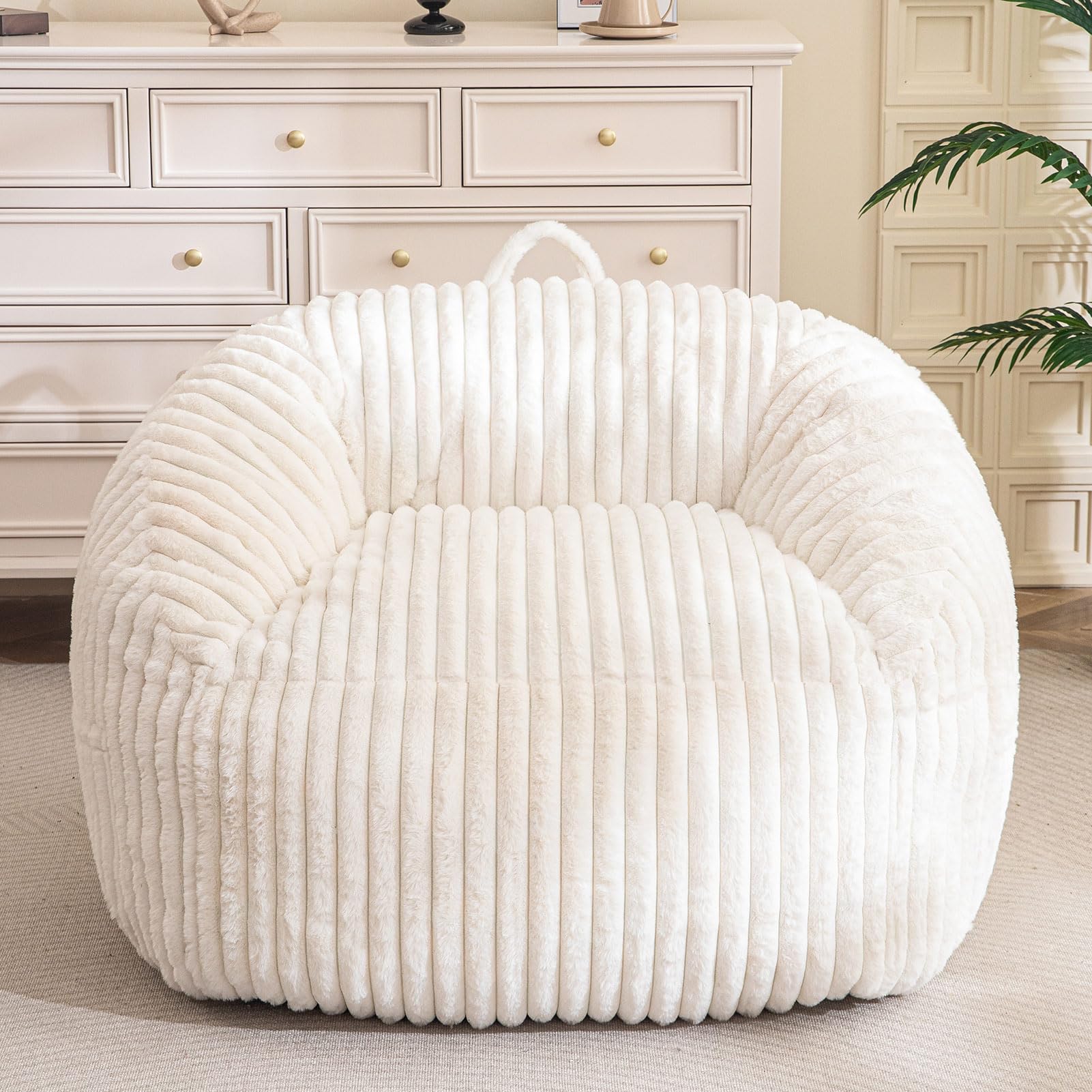 MAXYOYO Bean Bag Chair - Soft Floor Sofa with Handle & Storage Pocket for Living Room, Bedroom, or Dorm - Comfortable Beige Lounger for Relaxing, Reading & Gaming