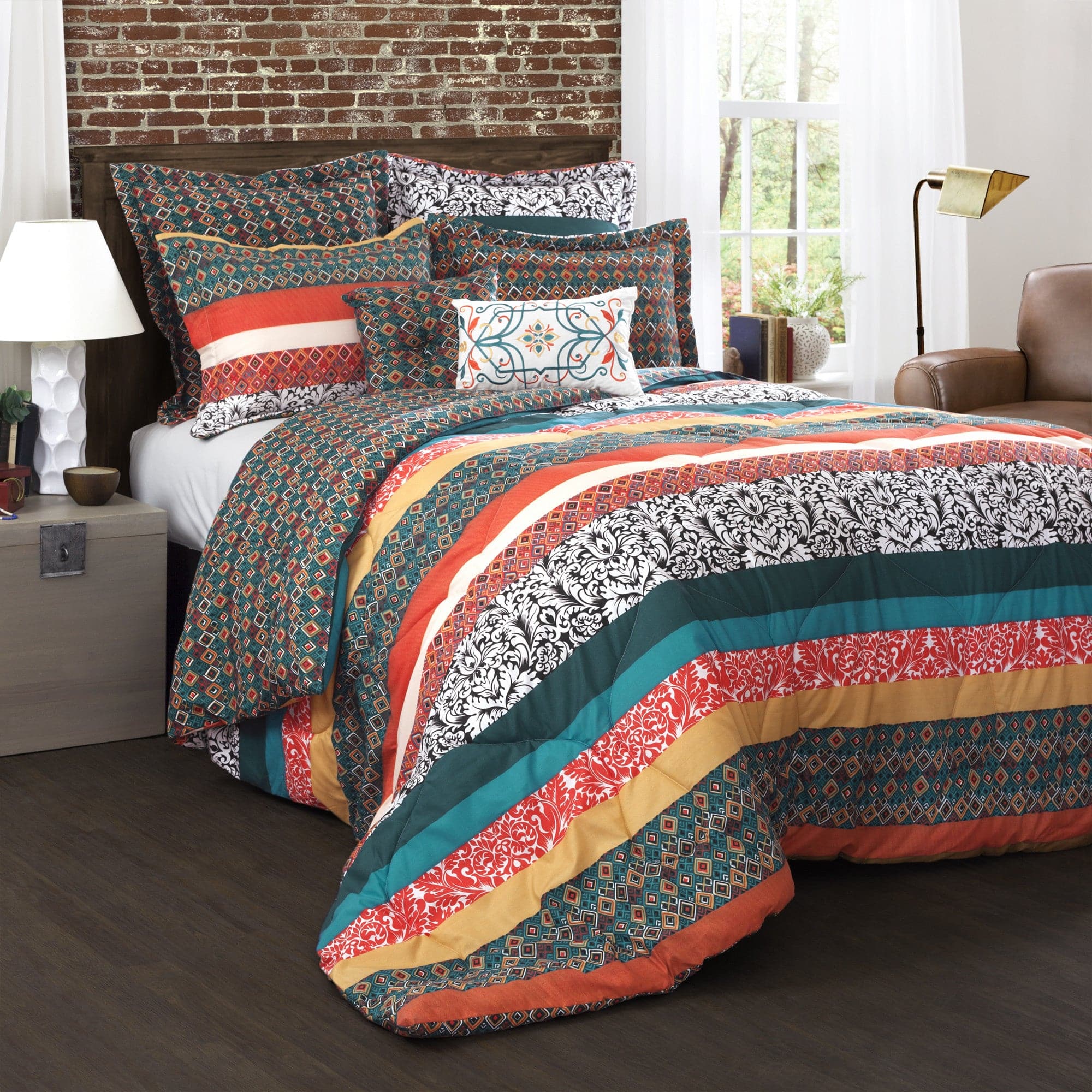 Boho Stripe 7-Piece Comforter Set Queen Size - Soft Cotton Bedding Set with Pillow Shams & Decorative Pillow Covers - Perfect for Bohemian Style Bedroom Decor & Guest Room Makeover
