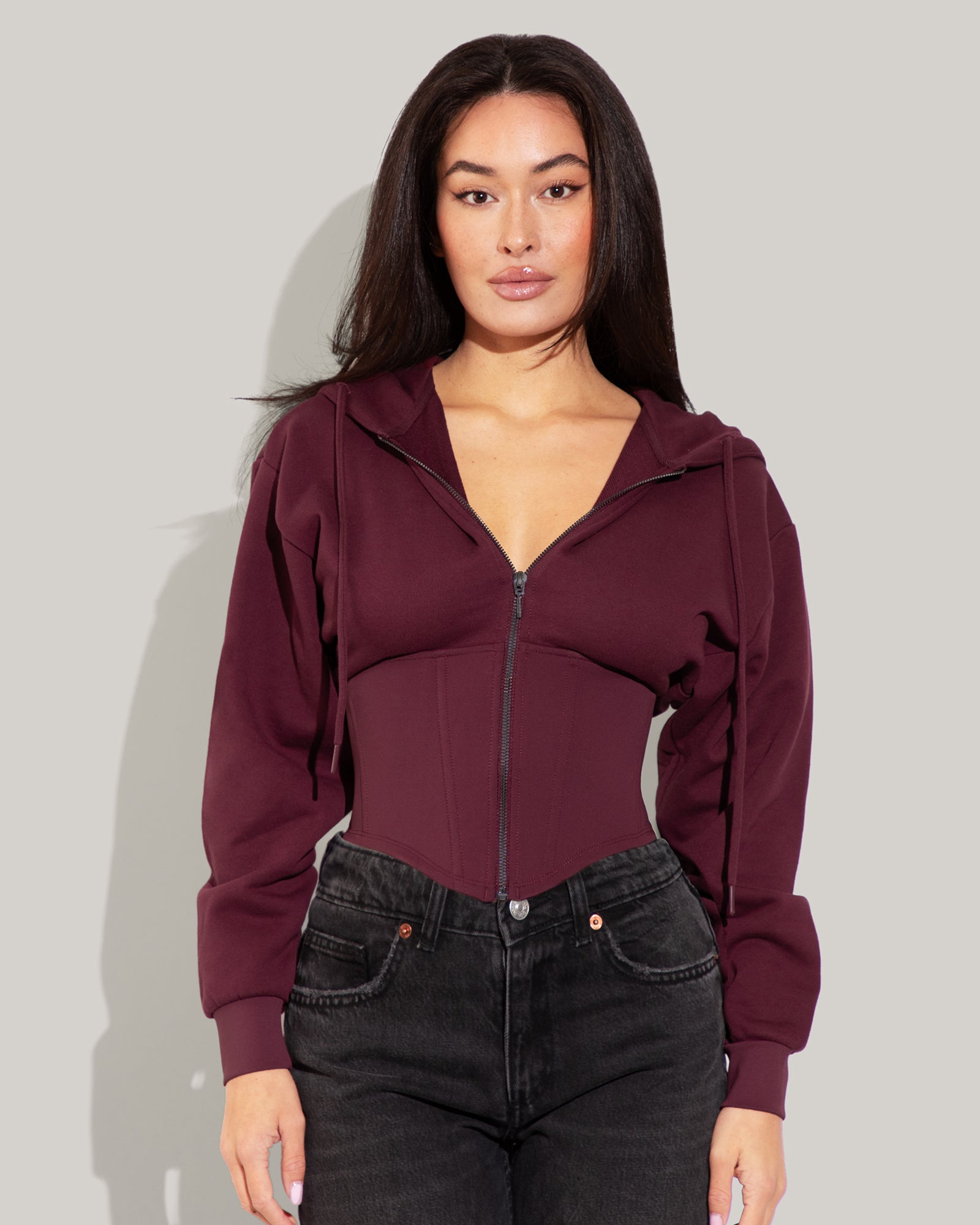 Corset Hoodie for Women - Dark Cherry Red Long Sleeve Slim Fit Zip Up Sweatshirt | Perfect for Casual Wear, Layering & Street Fashion