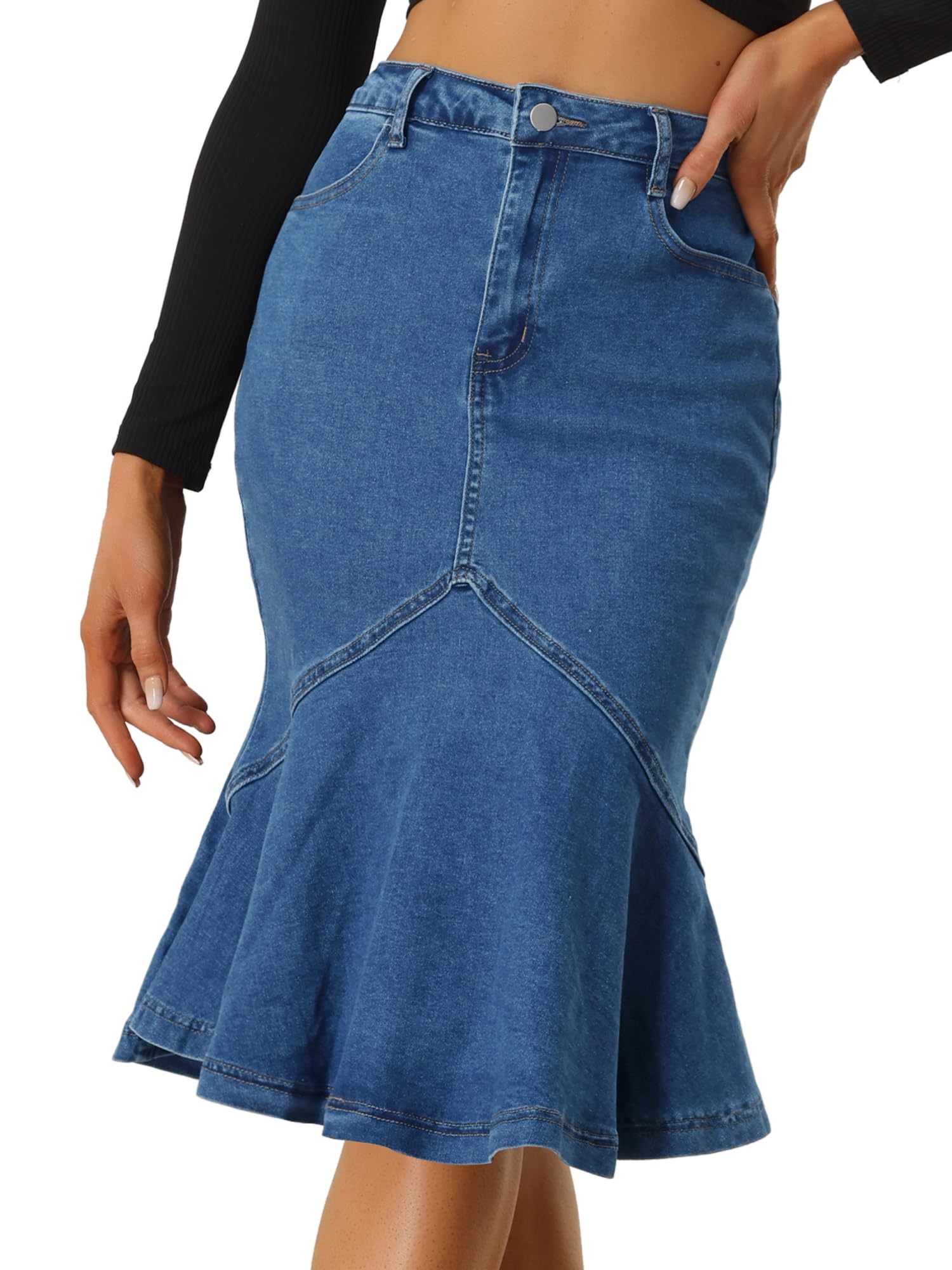 Allegra K Women's High Waist Denim Jean Skirt - Bodycon Fit with Ruffles & Fishtail Hem | Perfect for Casual Outings, Date Nights & Summer Fashion