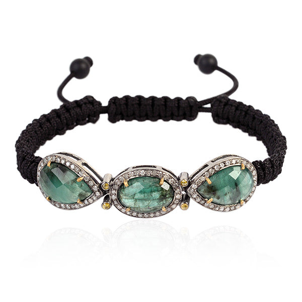 Emerald Onyx Macrame Bracelet - Diamond Sterling Silver & 18K Gold Jewelry for Women - Handmade Boho Chic Bracelet for Everyday Wear, Gift Giving & Special Occasions
