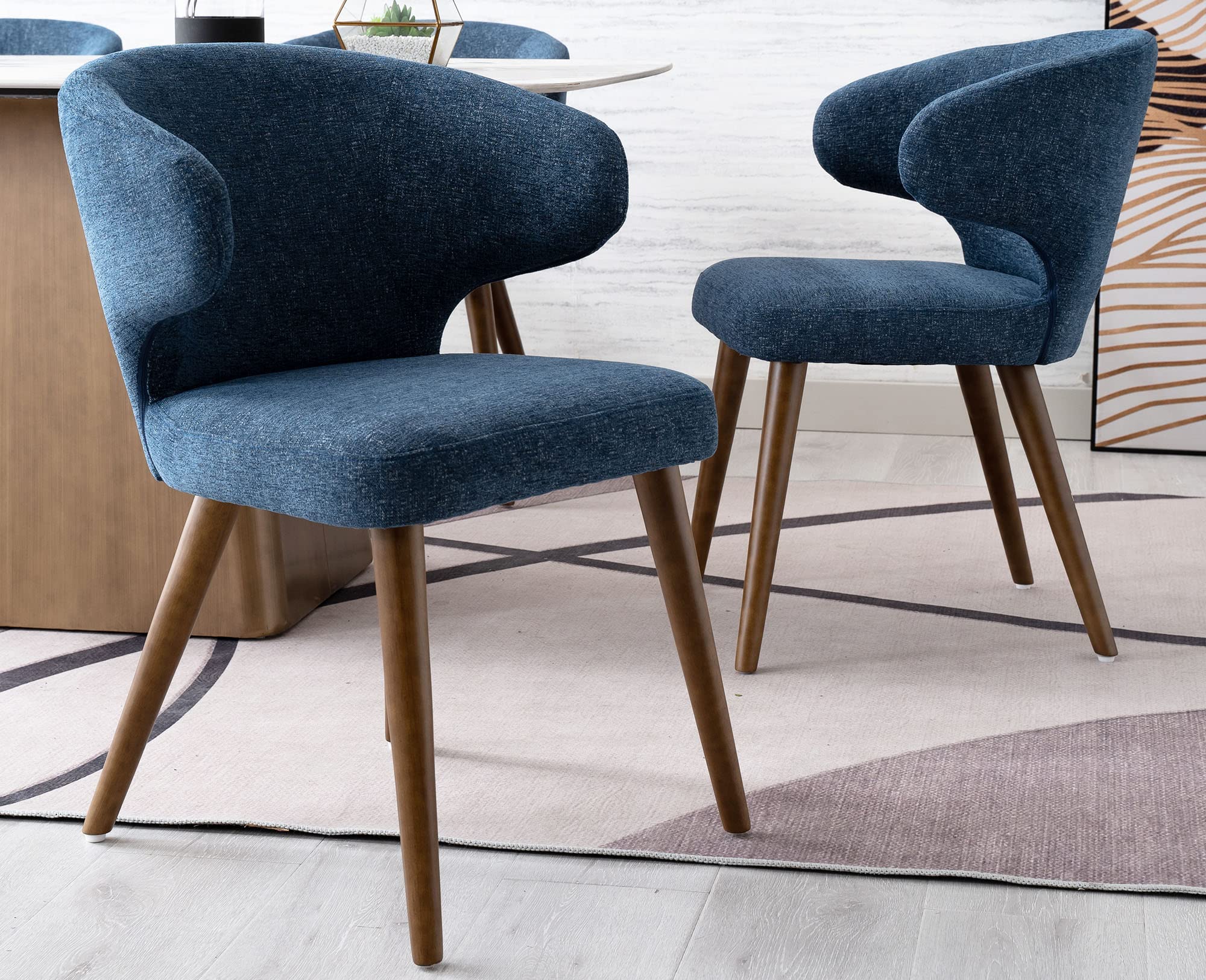 VESCASA Modern Chenille Dining Chairs with Sturdy Wood Legs - Set of 2 Navy Blue Upholstered Side Chairs with Curved Back - Perfect for Dining Room, Living Room & Home Office Decor