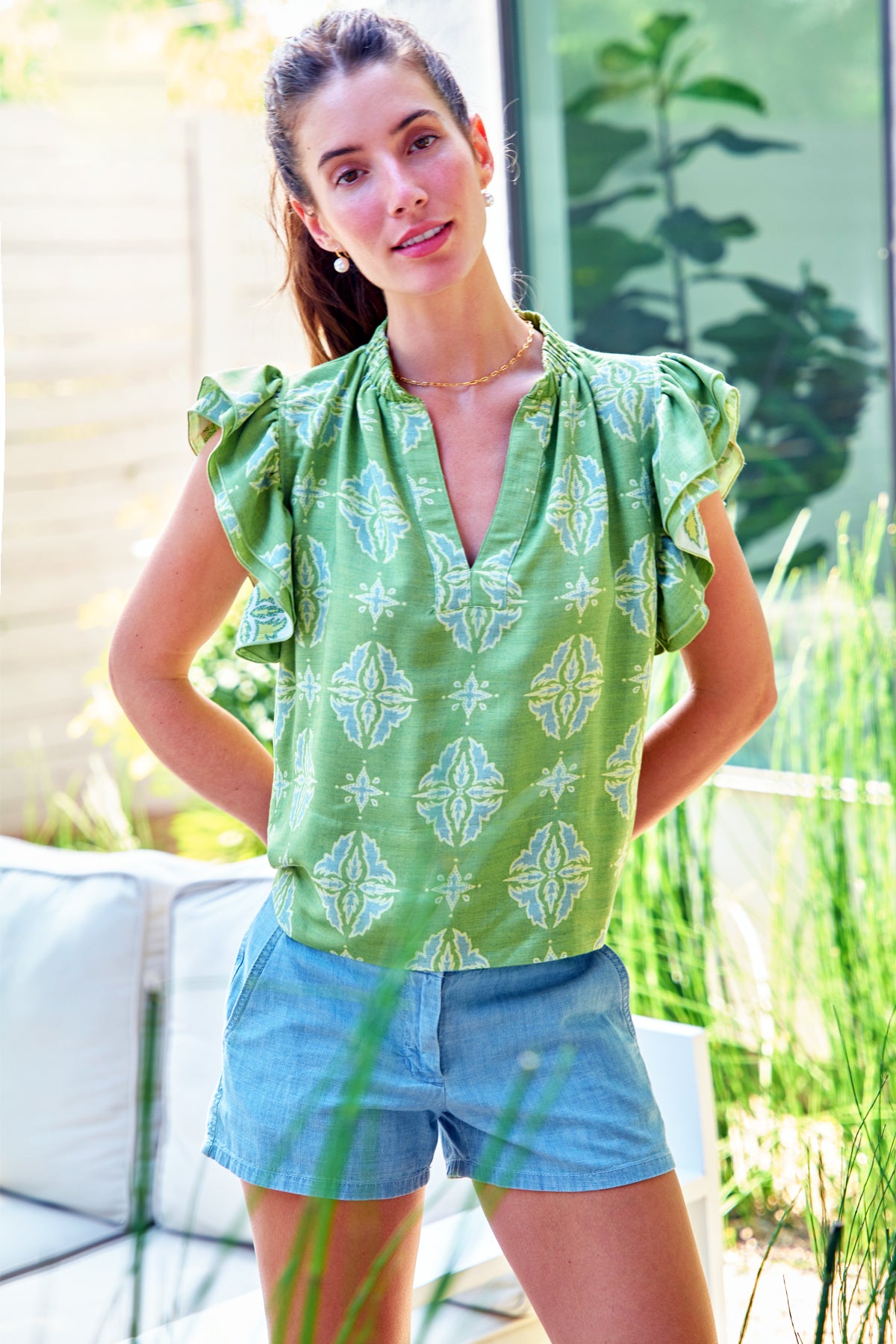 Remy Short Sleeve Popover Blouse - Elegant Ethnic Jacquard Women's Top for Casual Wear, Office & Summer Outfits