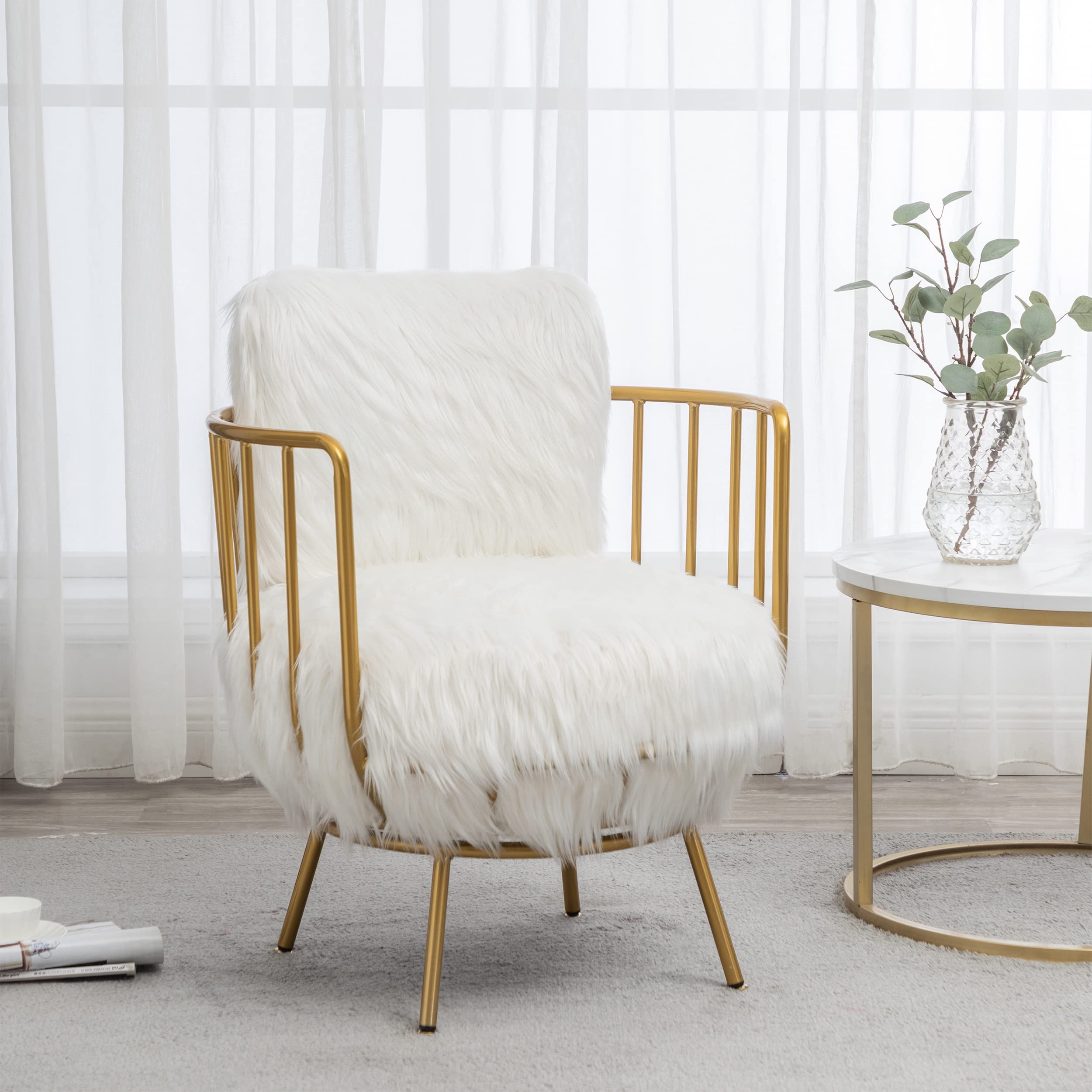 ANNJOE White Faux Fur Swivel Barrel Accent Chair - Round Armchair with Metal Legs for Living Room, Bedroom & Office - Cozy Reading Nook & Lounge Chair for Home Decor