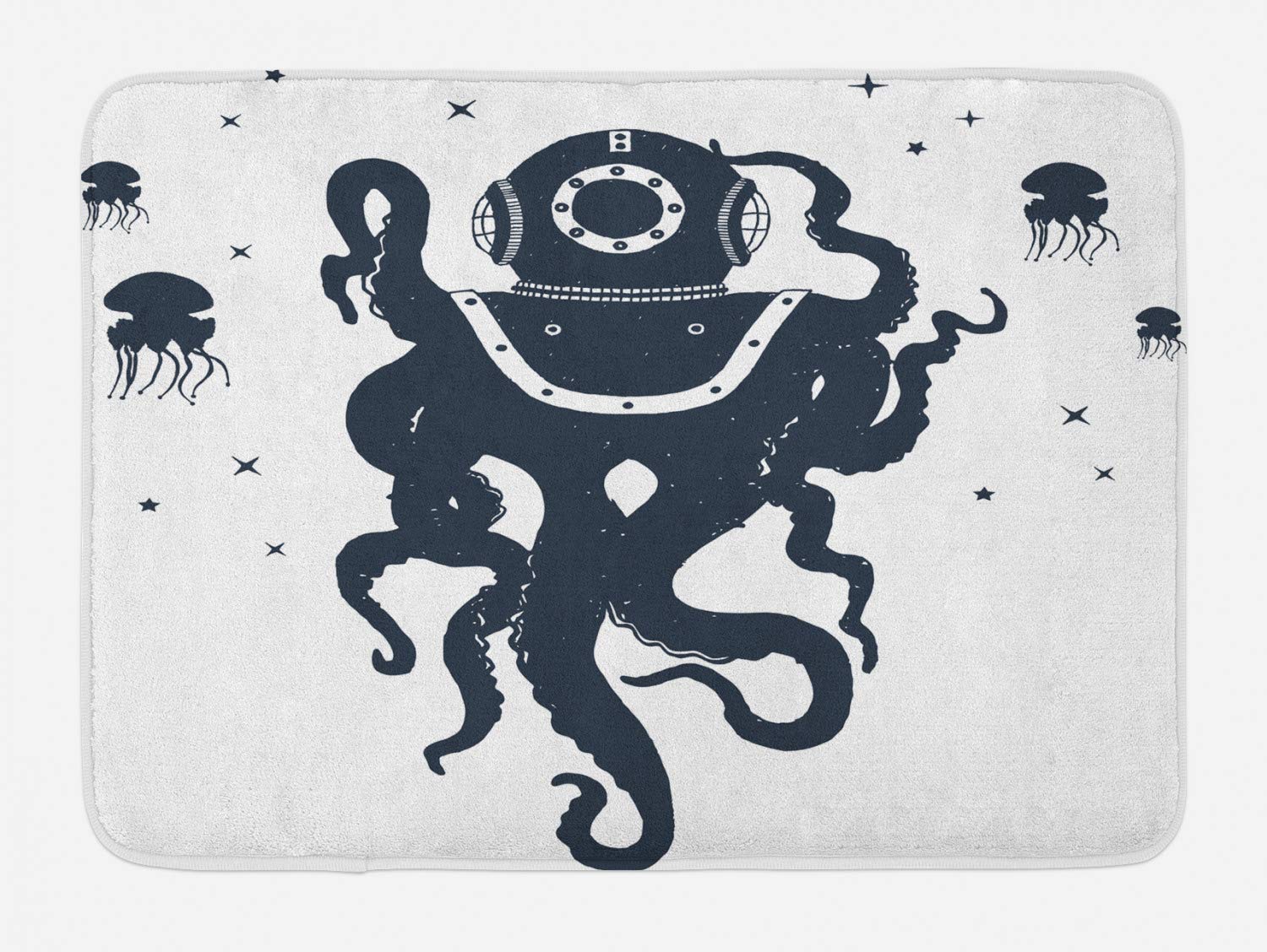 Ambesonne Vintage Nautical Tattoo Bath Mat - Octopus & Jellyfish in Astronaut Costume Design, Non-Slip Plush Bathroom Rug, 30.2x20 Inches, Dark Violet Blue White - Perfect for Coastal, Beach House or Nautical Theme Bathrooms