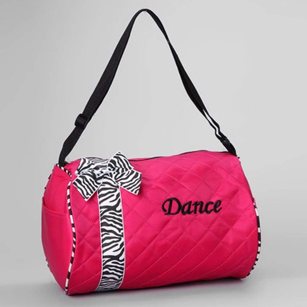 Girls Kids Dance Duffle Bags - Quilted Pink Zebra Pattern with Ribbon & Bow - Perfect for Ballet, Jazz & Gym Classes