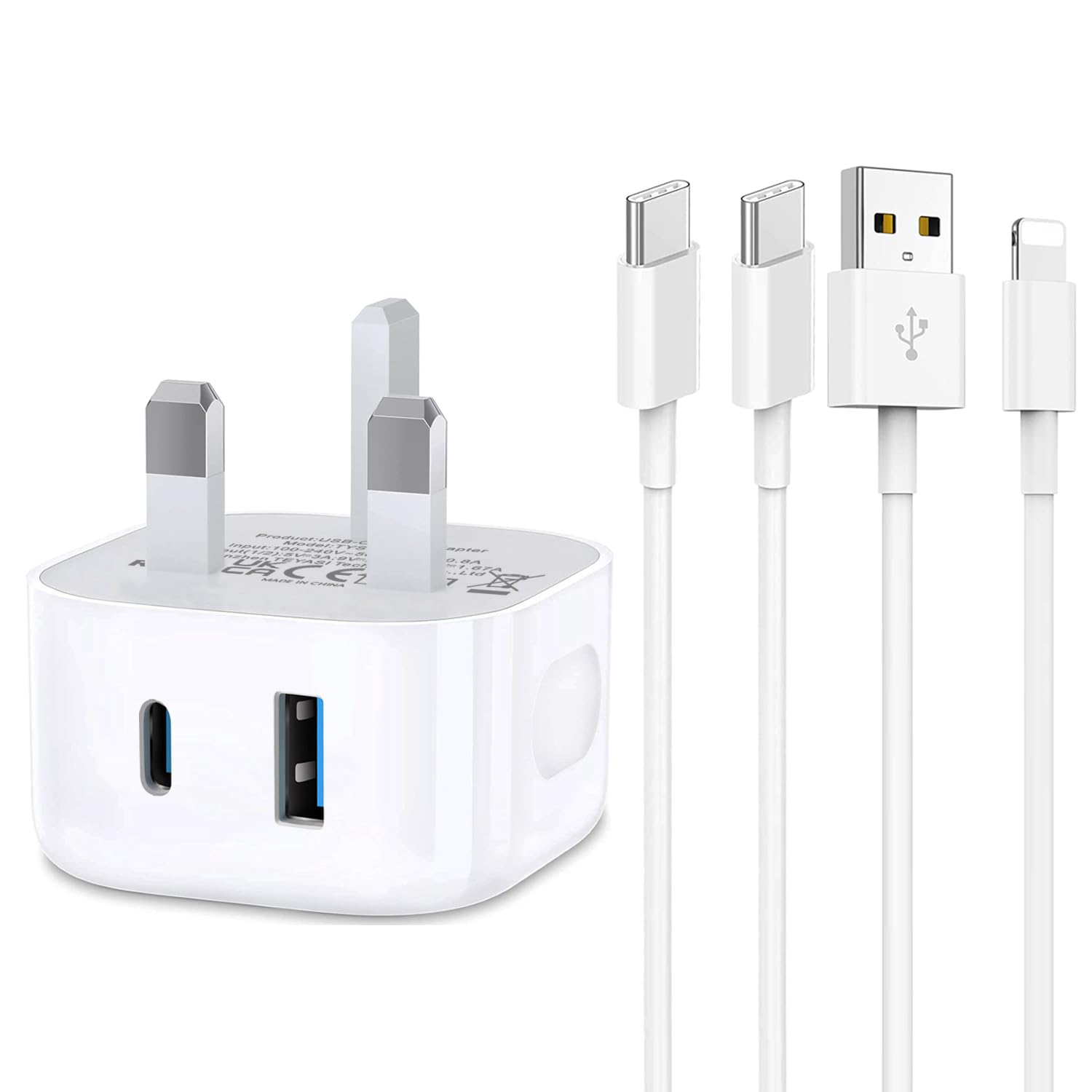 Fast Charging USB-C Cable & Wall Plug for iPhone 16/15/14/13/12/11 Pro/Max & iPad Pro 12.9/11/Air/Mini - 3-in-1 Lightning/Micro USB/USB-C Charger Adapter Kit - Perfect for Home, Office & Travel Charging