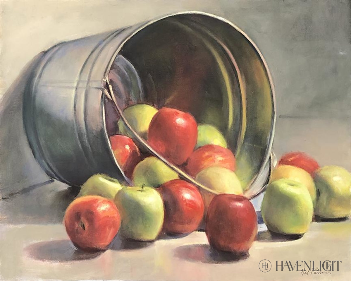 Original Apple Bucket Painting 16x20 Inches - Handmade Wall Art for Kitchen, Dining Room & Farmhouse Decor
