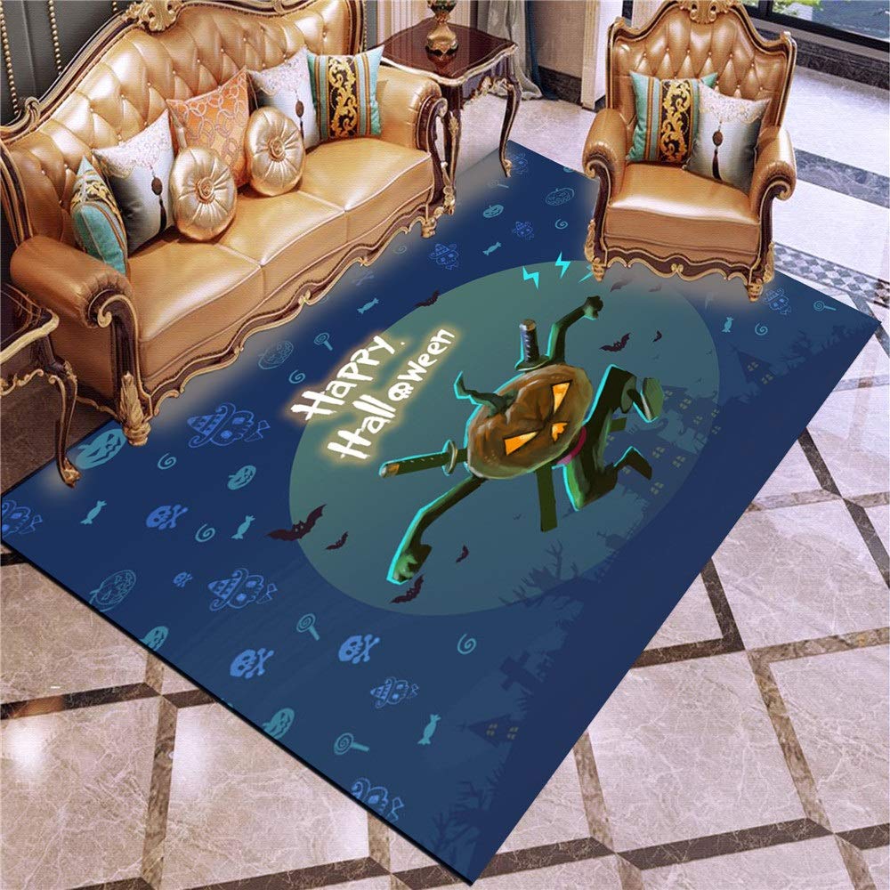 Totots 3D Printed Halloween Carpet - Cartoon Blue Polyester Fiber Living Room Rug, Coffee Table Blanket, Bay Window Mat (140x200cm) - Perfect for Pumpkin Decor, Home Decor & Cozy Floor Covering