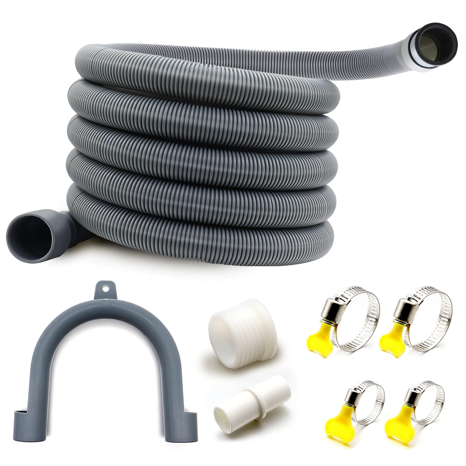 20FT Universal Washing Machine Drain Hose Extension Kit - Flexible Corrugated Dishwasher & Washer Discharge Hose with Adapter, 4 Clamps, U-Bend Holder & Sewer Seal - Perfect for Laundry Rooms, Basements & RV Plumbing