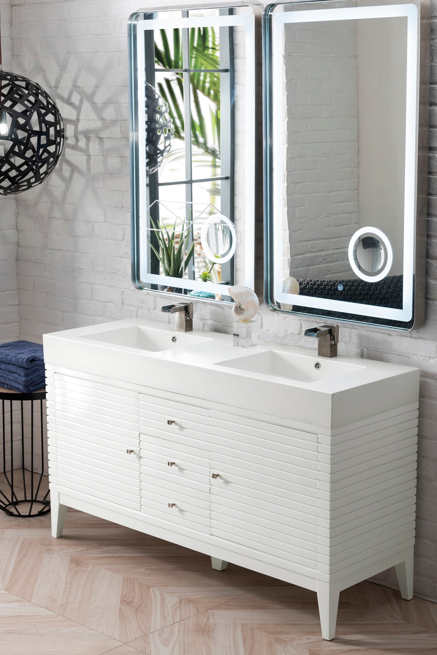 Glossy White Linear 59-Inch Double Vanity with Composite Top - Modern Bathroom Vanity for Master Bath & Guest Bathroom Renovation