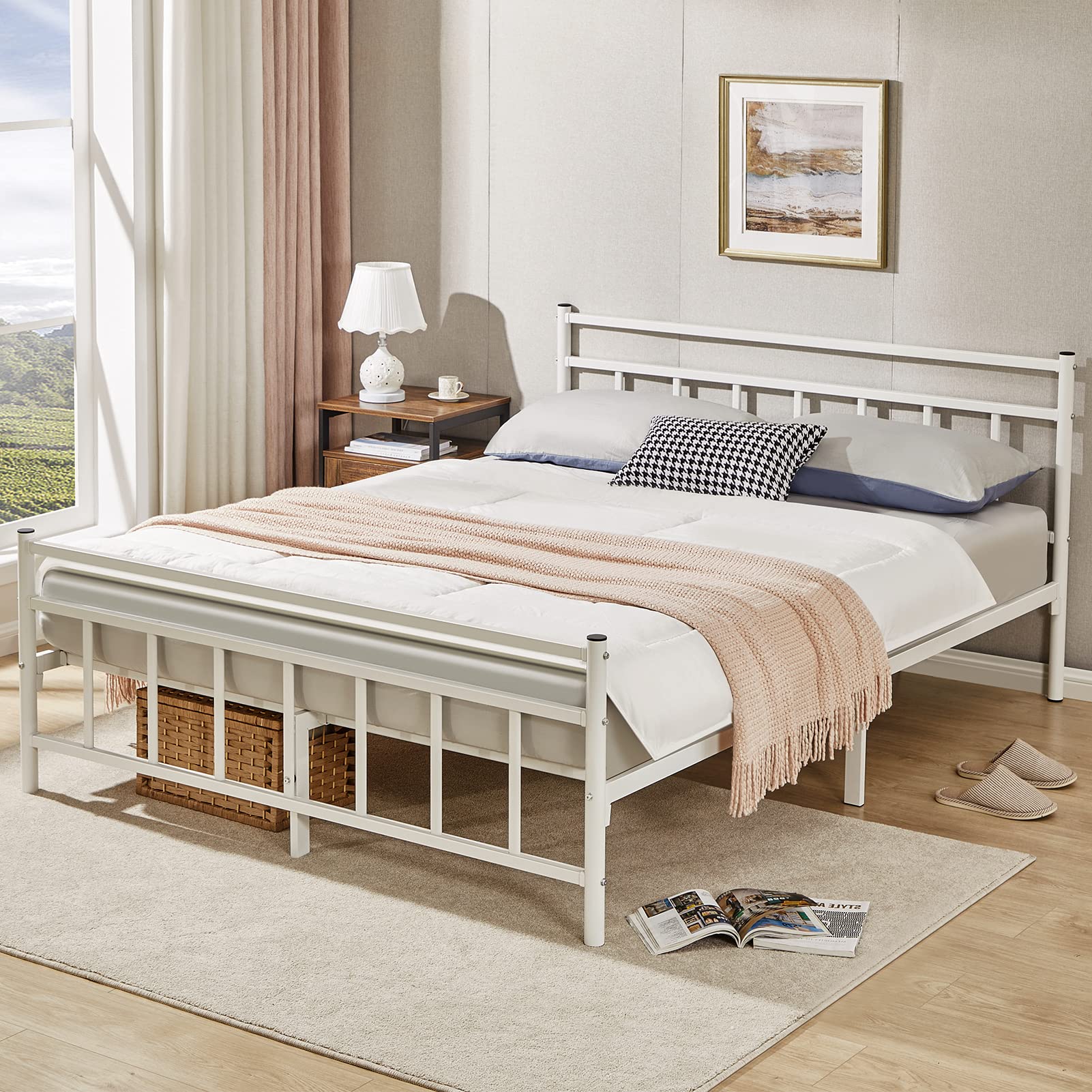 GreenForest Full Size Bed Frame with Headboard - Sturdy Metal Platform Bed with Quiet Steel Slats, No Box Spring Required - White - Perfect for Master Bedrooms, Guest Rooms & Small Apartments