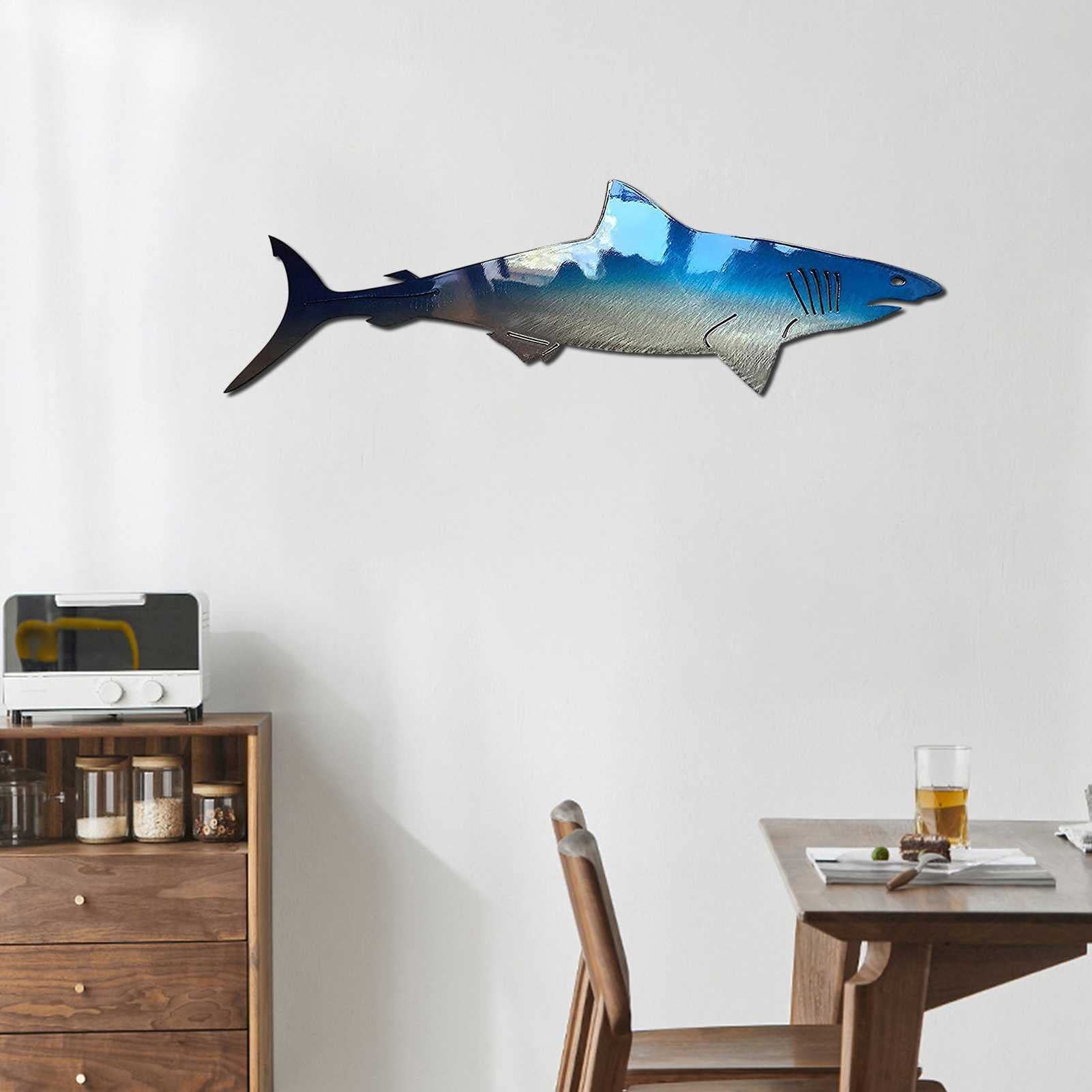 Blue Great White Shark Metal Wall Art Sculpture - 15.74x9.84 Inch Coastal Decor for Living Room, Bedroom & Home - Durable Mounted Fish Wall Decor for Beach House, Office or Man Cave