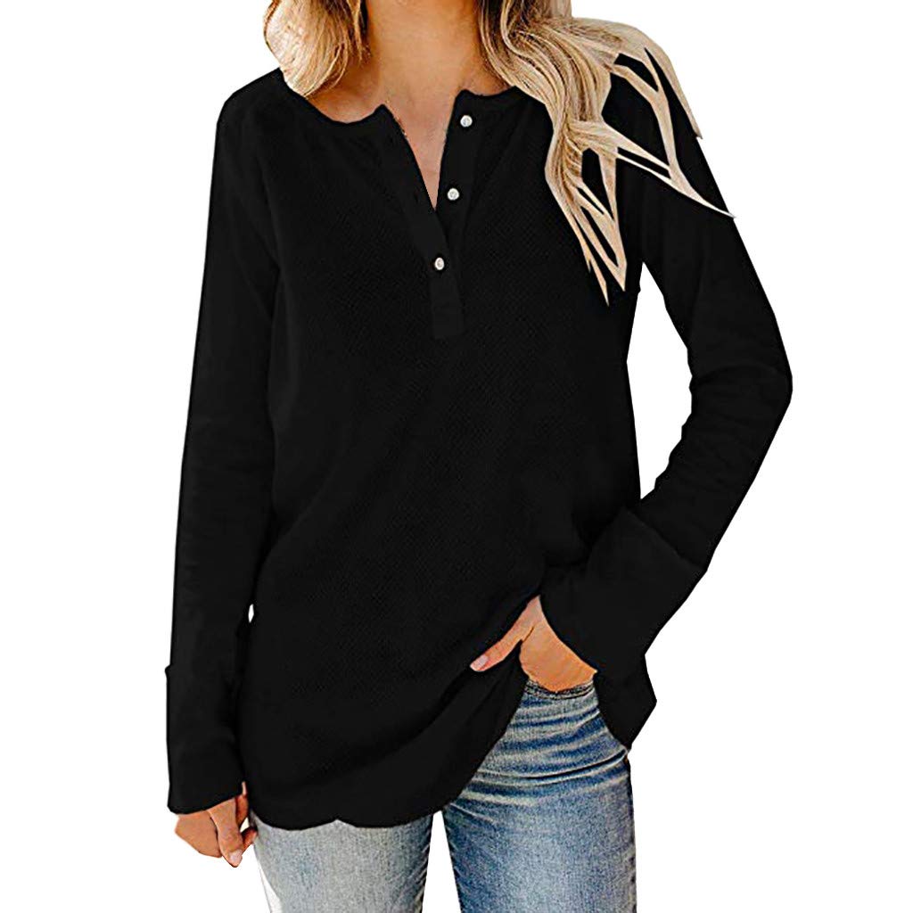 Women's Henley Sweater with Front Buttons - Waffle Knit Long Sleeve V-Neck Tunic Blouse for Casual Wear | Perfect for Office, Date Night & Fall Layering
