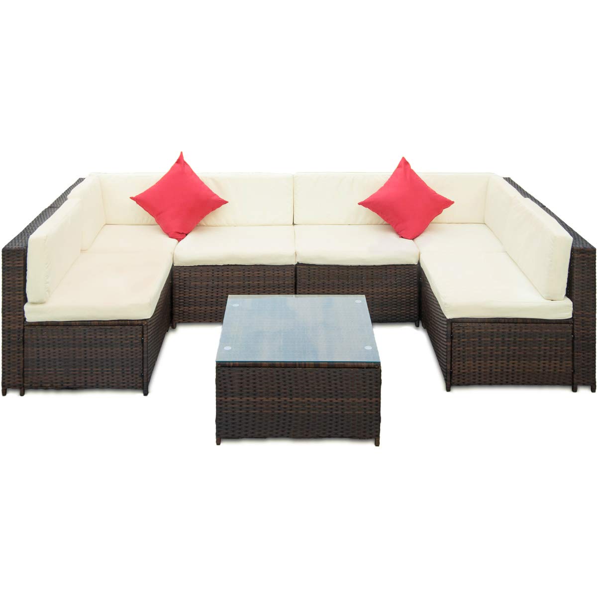 7-Piece Outdoor Patio Furniture Set - PE Rattan Wicker Sectional Sofa with Coffee Table & Cushions (Beige) - Perfect for Garden, Backyard, Poolside & Balcony Relaxation