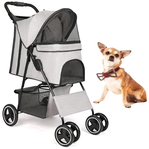 Foldable Pet Stroller for Dogs & Cats - 4-Wheel Carrier with Brake, Canopy, Cup Holders & Storage Space (Gray) | Perfect for Park Walks, Vet Visits & Shopping Trips
