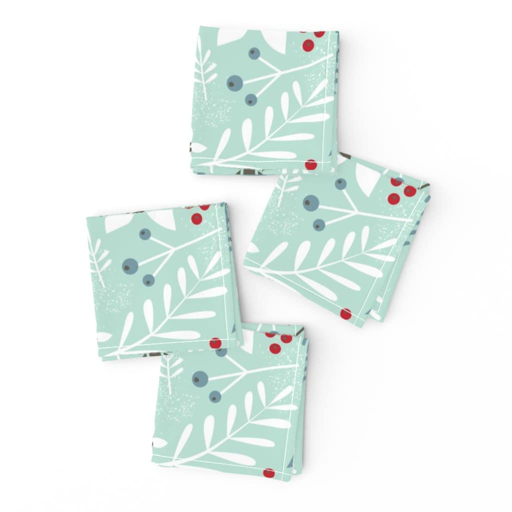 Spearmint Winter Pinecone Holly Branch Christmas Woodland Holiday Blue Floral Print Linen Cotton Canvas Cocktail Napkins (Set of 4) - Perfect for Holiday Parties, Dinner Decor & Seasonal Entertaining