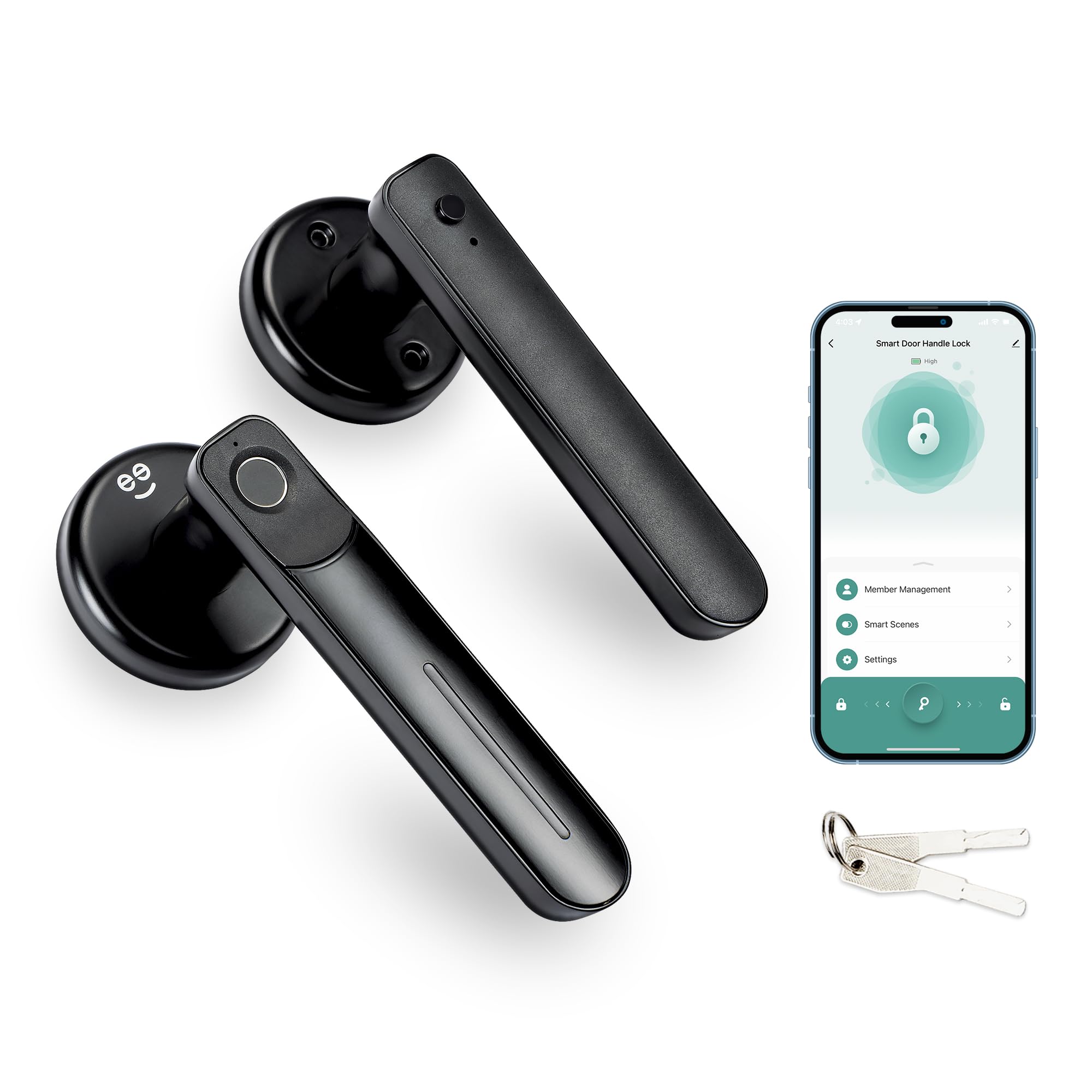 Geeni Smart Fingerprint Door Lock - Keyless Entry Door Knob with App Control, Voice Command & Bluetooth - Battery Powered Interior/Exterior Home Security Lock (Works with Alexa & Google Home) - Perfect for Apartments, Vacation Homes & Smart Home Systems