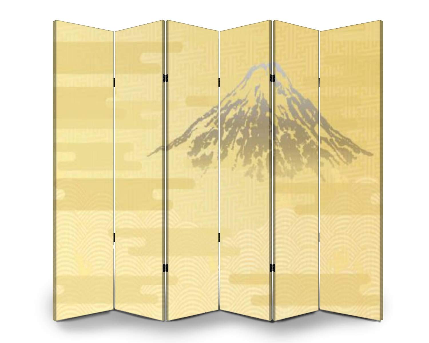 6-Panel Japanese Traditional Folding Room Divider - Golden Mt. Fuji Ocean Wave & Cloud Design - Freestanding Privacy Screen for Indoor/Outdoor Use - Perfect for Home Office, Studio, or Event Space Partition