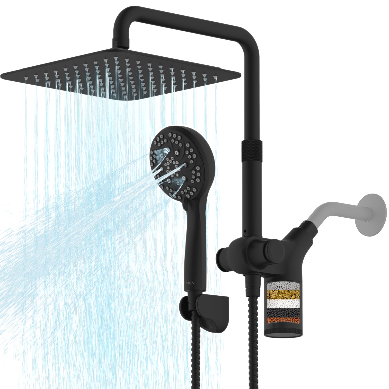 Upgraded Dual Shower Heads Combo - 10 Inch Filtered Rainfall Shower Head with Handheld Spray - 3-Way Water Filter System - 7 Adjustable Spray Settings - High Pressure Showerhead with Height Adjustable Slide Bar (Black) - Perfect for Bathroom Renovation, Spa Experience & Water Conservation