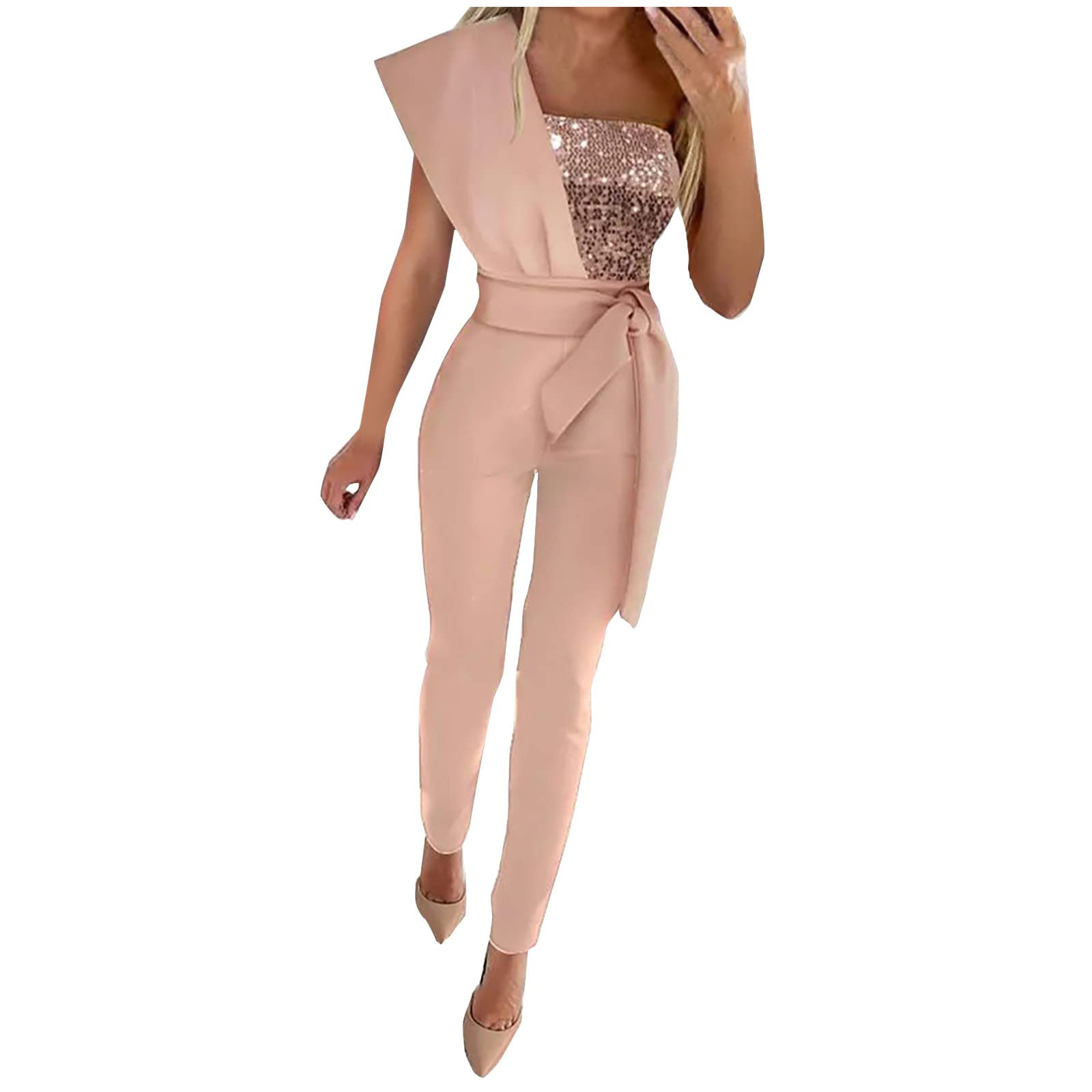 Elegant Glitter Jumpsuit for Women - One Shoulder Tie Waist Romper for Party & Night Out