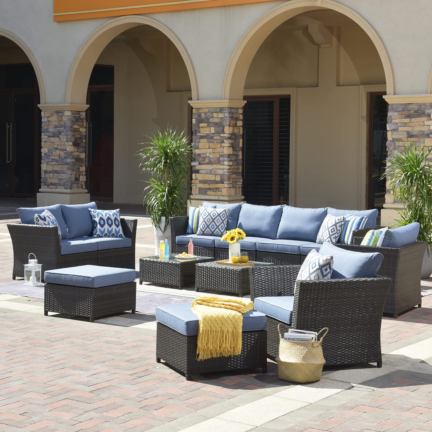 XIZZI 12-Piece Outdoor Patio Furniture Set - All-Weather Wicker Sectional Sofa with Blue Cushions & Covers (No Assembly Required) - Perfect for Backyard, Poolside & Garden Relaxation
