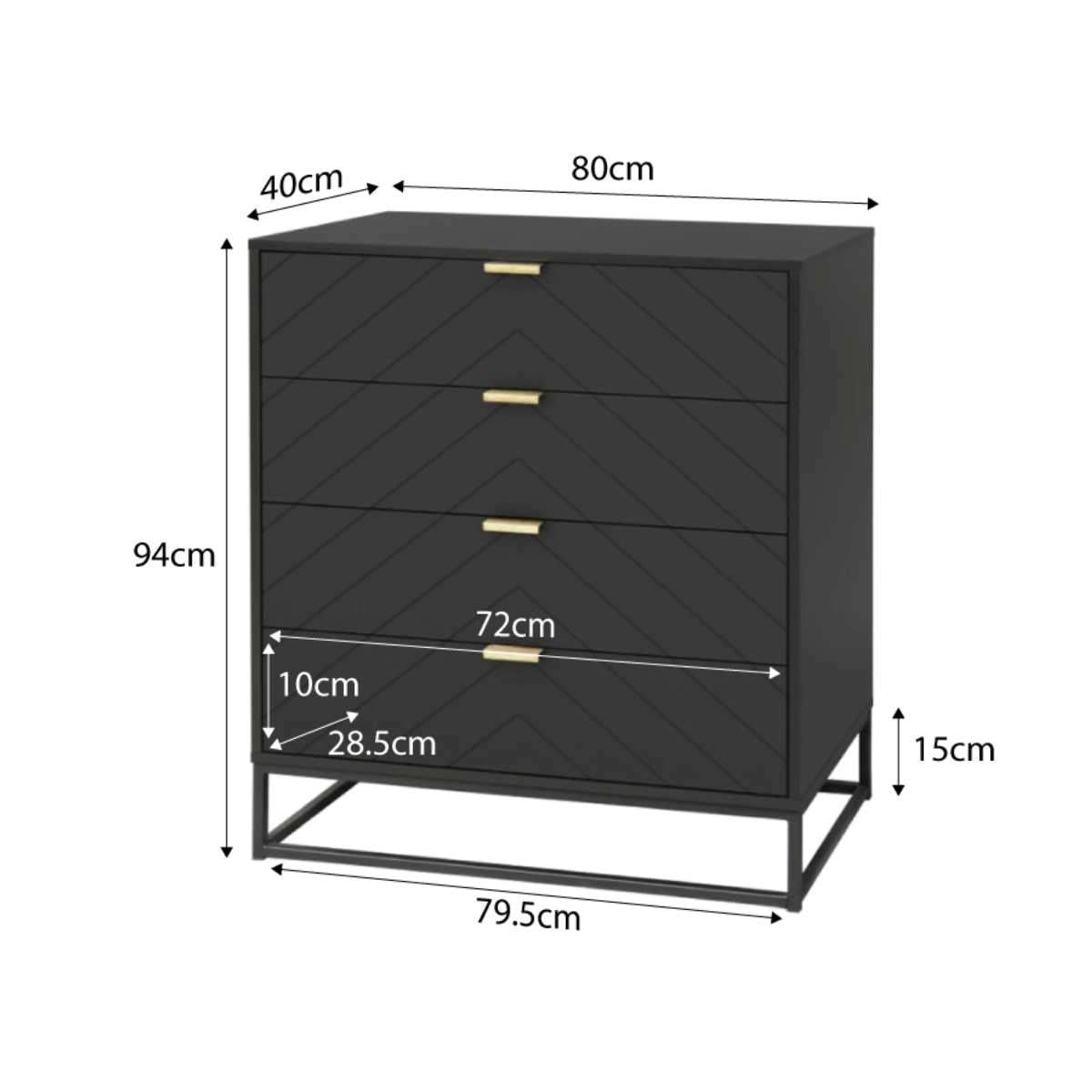 Inca Four Drawer Dresser - Black Wooden Chest of Drawers for Bedroom, Living Room & Office Storage