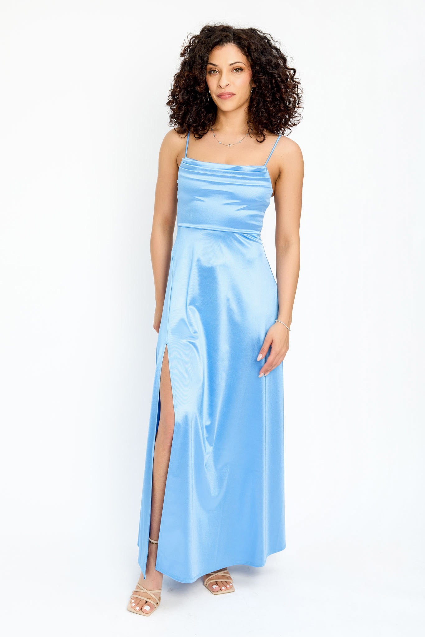 Elegant Satin Spaghetti Strap Pleated Bust Maxi Dress with Side Slit - Women's Formal Evening Gown for Parties, Weddings & Special Occasions