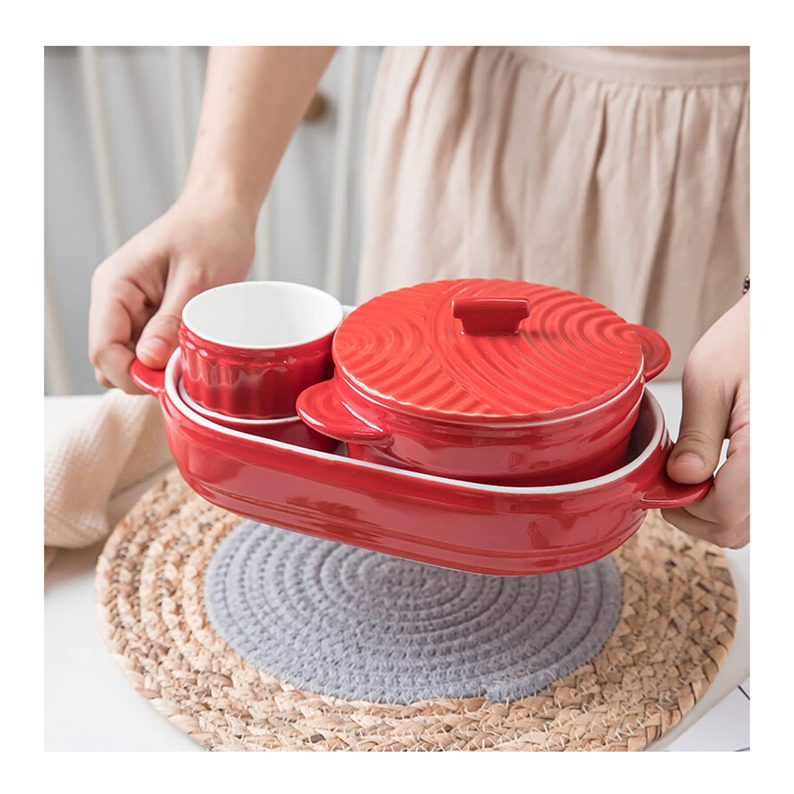 5-Piece Ceramic Glaze Baking Dish Set - Non-Stick Bakeware for Bread, Lasagna, Cakes & Roasting | Red Kitchen Cookware for Baking, Cooking & Dinner Parties | Perfect for Home Chefs & Holiday Meals