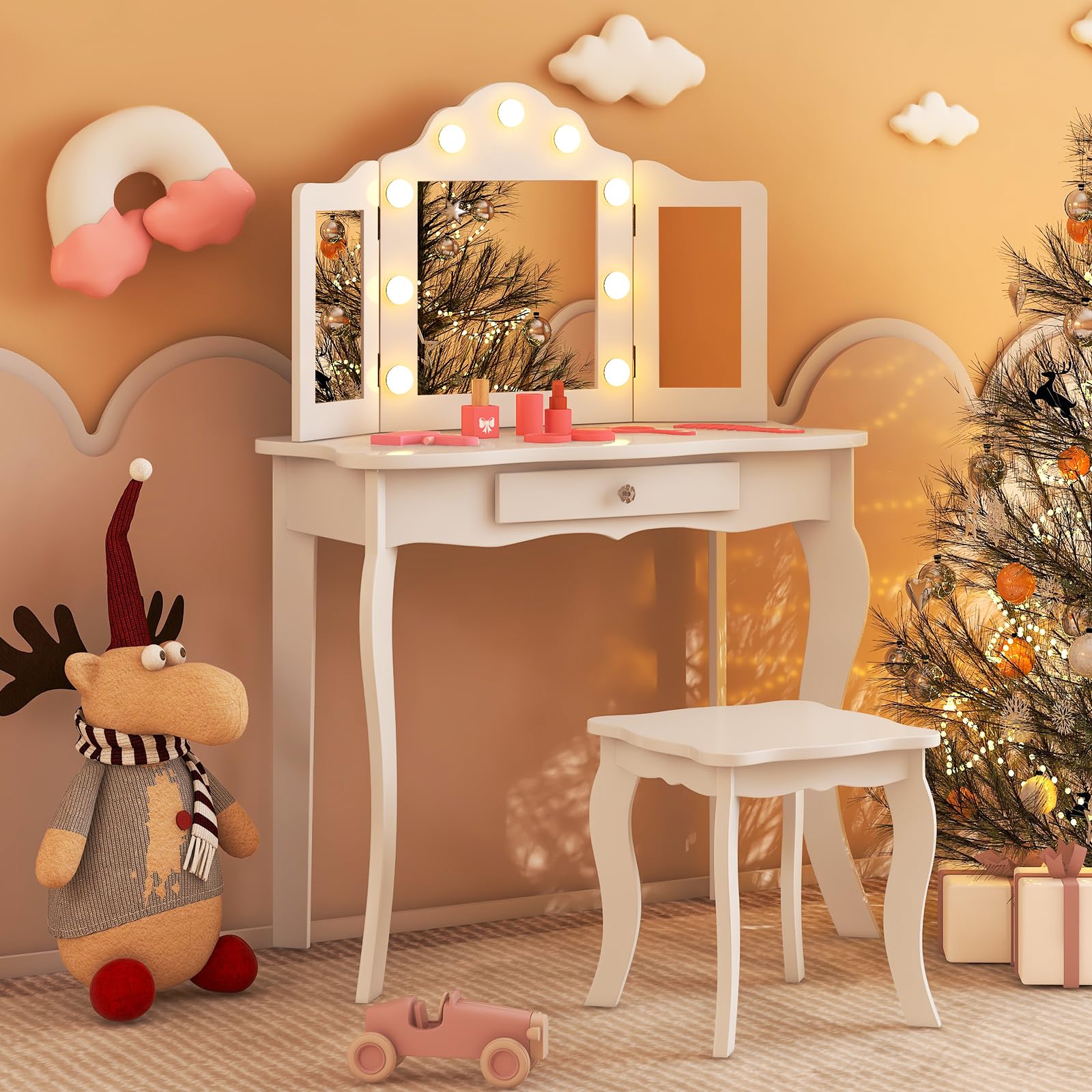 Costzon Kids Vanity Set with Mirror, Stool & LED Lights - 2-in-1 Wooden Princess Makeup Dressing Table with Drawers - White Toddler Vanity Desk for Girls Pretend Play (Perfect for Bedroom Playroom & Birthday Gifts)