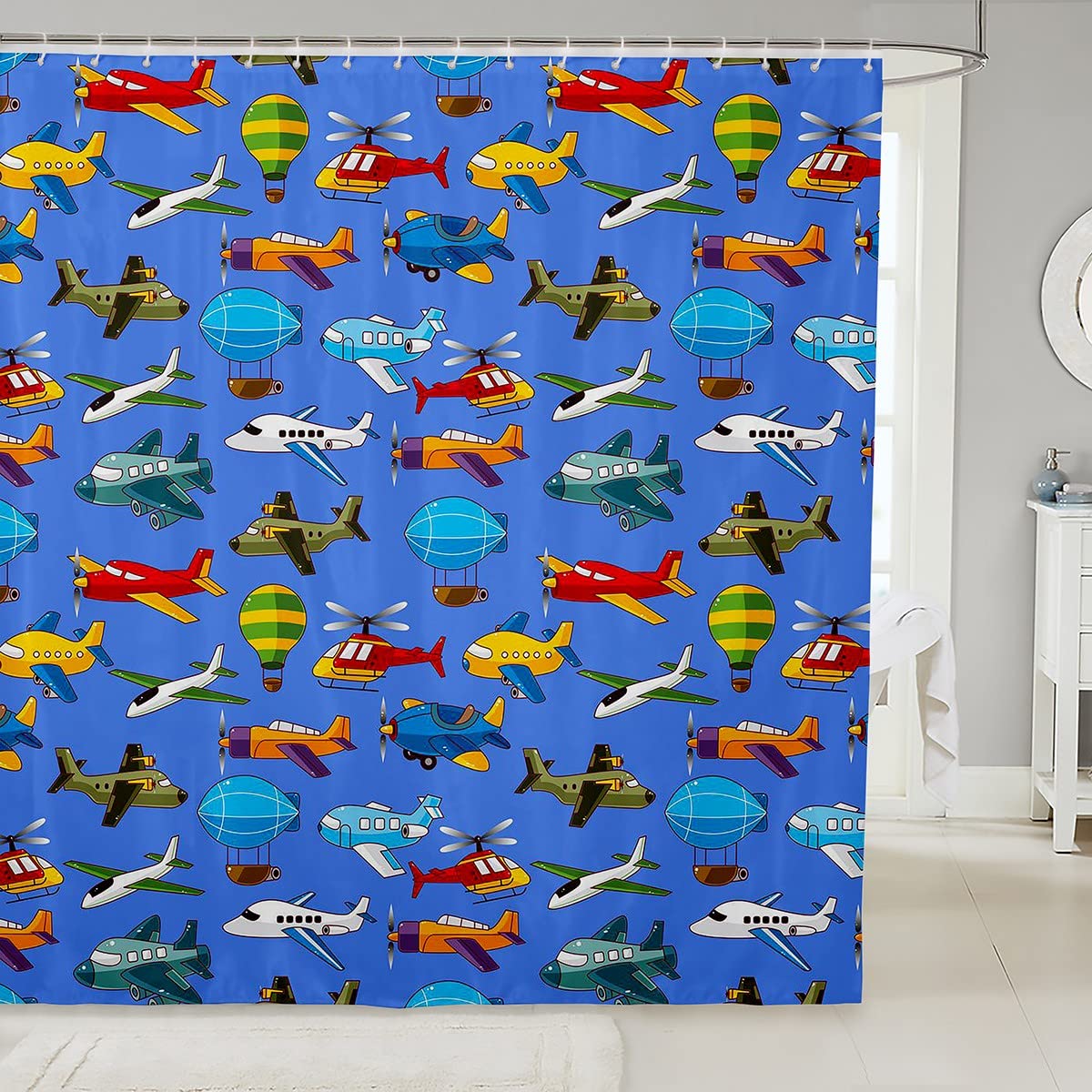 Airplane Shower Curtain for Boys - Cute Cartoon Aircraft Print Bathroom Decor - 72x78 Inch Light Blue Flying Theme Fabric Shower Curtain Set - Perfect for Kids' Bathroom, Nursery, or Aviation-Themed Room Decor