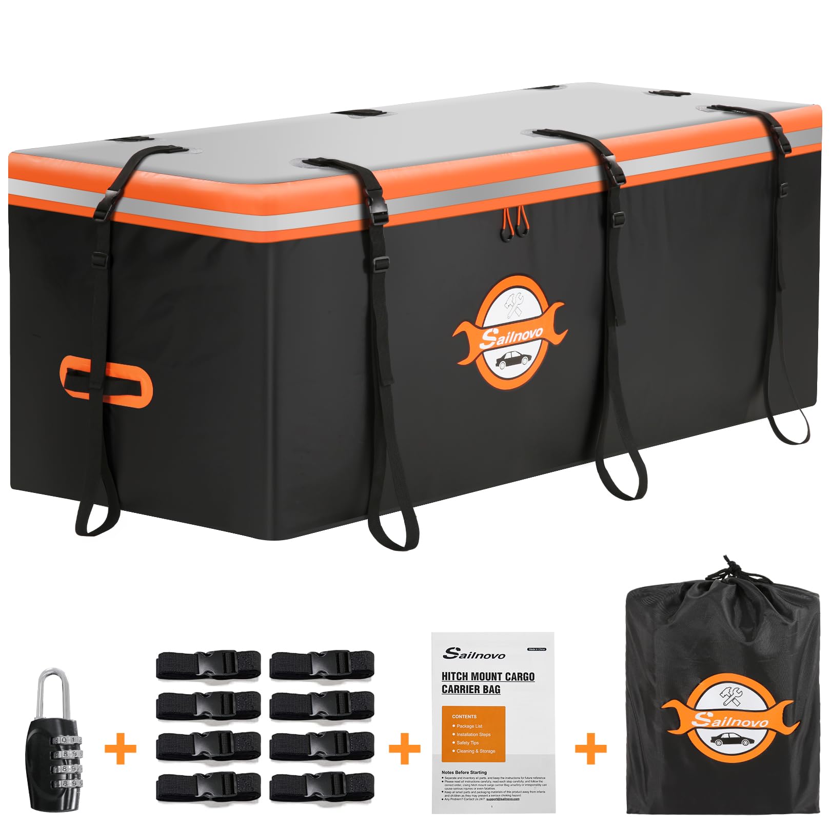 Sailnovo 20 Cubic Feet Waterproof PVC Hitch Cargo Carrier Bag - Heavy Duty with 8 Reinforced Straps, Combination Lock & Storage Bag - Perfect for Road Trips, Camping & SUV Travel Accessories