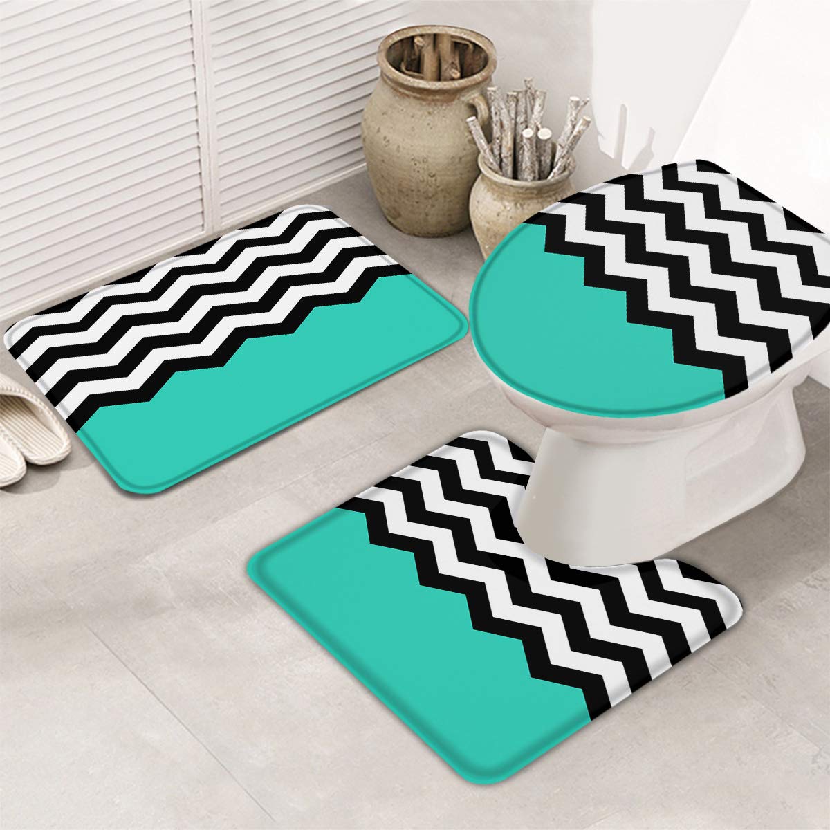 Non-Slip Bathroom Rug Set of 3 - Striped Bath Mat, U-Shaped Toilet Mat & Toilet Lid Cover | Absorbent, Washable Chevron Pattern in Green, Black & White | Perfect for Bathroom Safety & Home Decor
