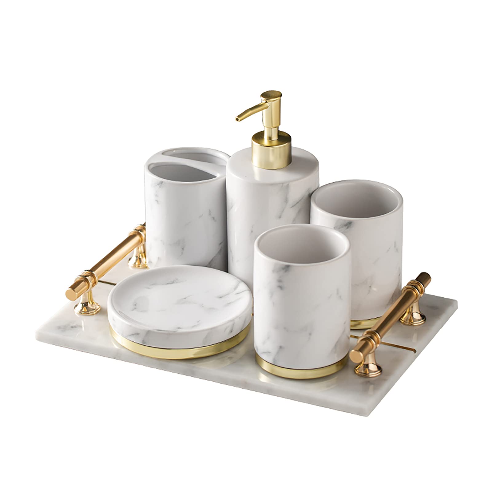 Premium 6-Piece Marble Bathroom Accessories Set - Soap Dispenser, Toothbrush Holder & Soap Dish | Modern White Bathroom Decor for Home, Hotel & Spa | Water-Resistant & Easy to Clean