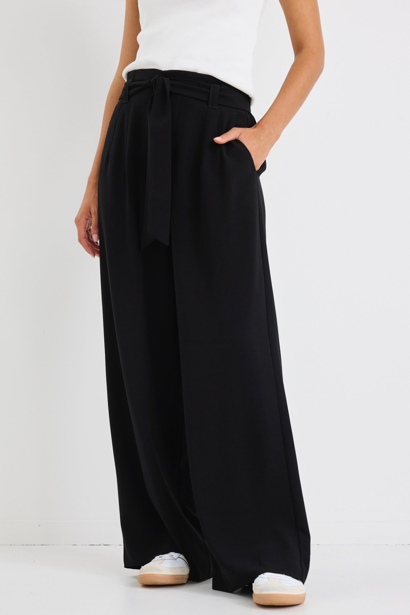 Sydney Black Crepe Wide Leg Tie Belt Pants for Women - Elegant High Waisted Palazzo Trousers for Office, Party & Special Occasions