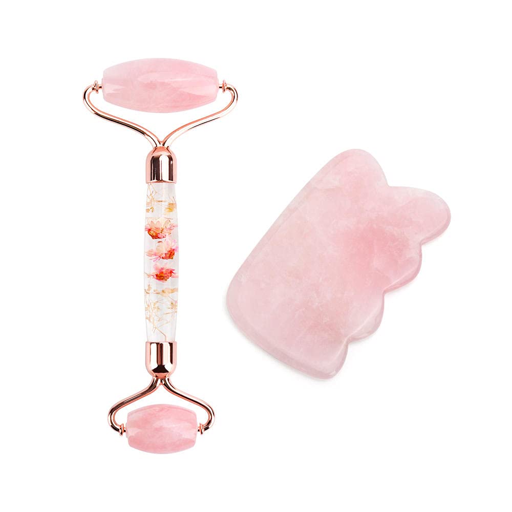 Natural Rose Quartz Gua Sha Facial Tool & Jade Roller Set - 4-Piece Crystal Massage Kit for Face & Neck - Anti-Aging Skincare Routine, Lymphatic Drainage, Relaxation Therapy (Perfect for Home Spa & Self-Care)