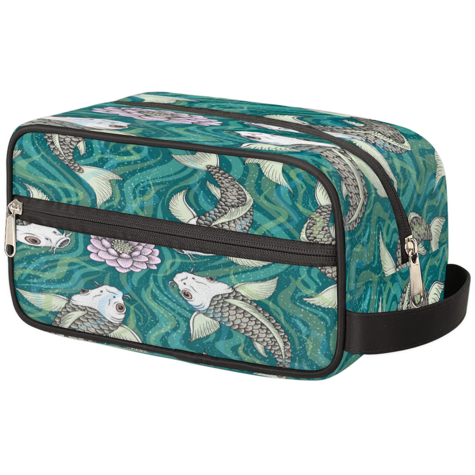 Japanese Koi Fish Travel Toiletry Bag for Women & Men - Vintage Green Wave Waterproof Cosmetic Makeup & Shaving Dopp Kit with Large Capacity - Perfect for Travel, Gym, Camping & Daily Essentials Organization