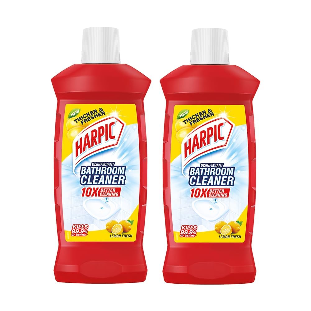 Harpic Lemon Bathroom Cleaner Liquid - 1 Litre (Pack of 2) | Thick Formula for Floors & Tiles | Powerful Toilet & Bathroom Cleaning | Fresh Lemon Scent for Sparkling Clean Home